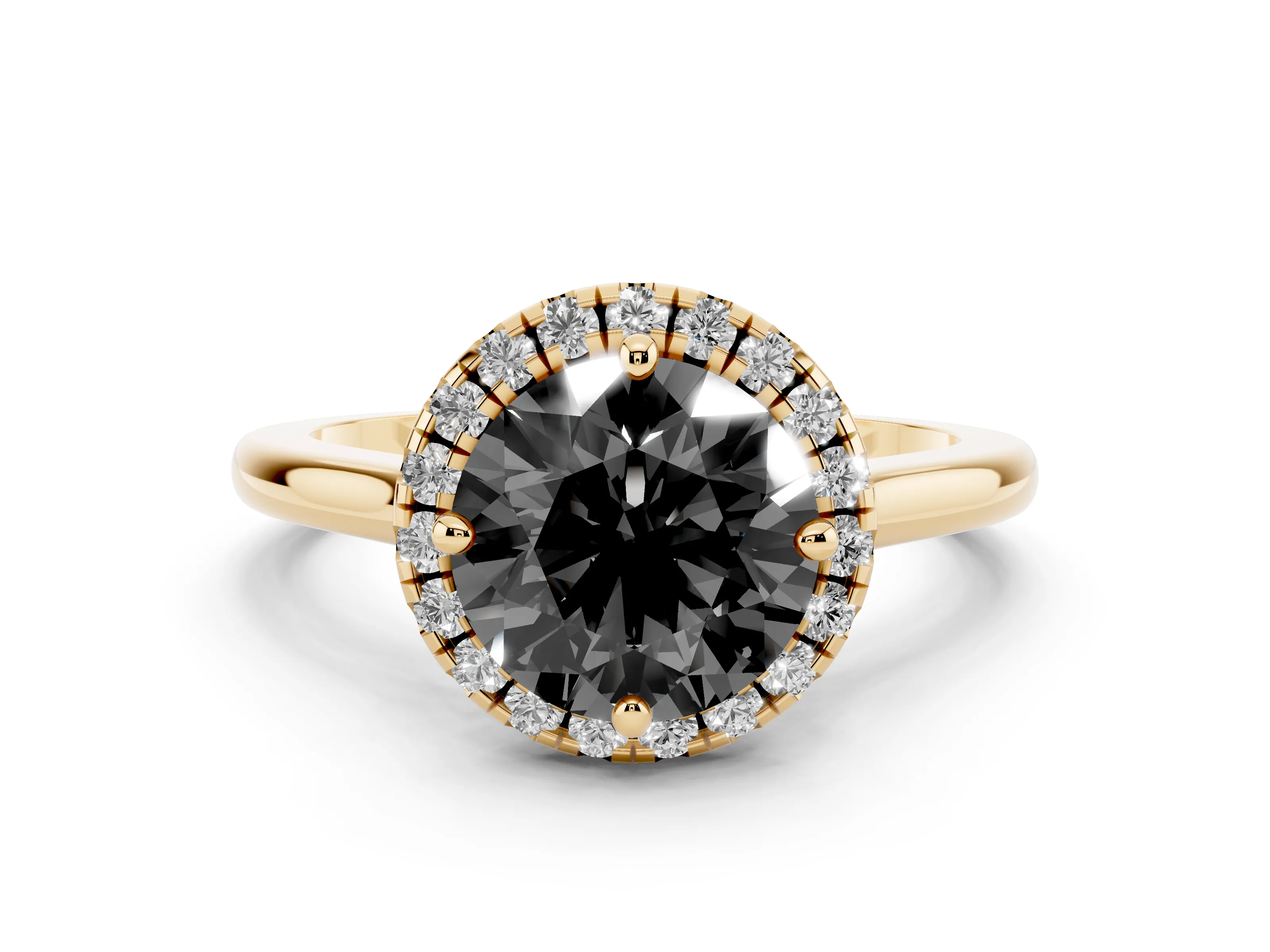Fancy Black Round Cut Diamond Halo Engagement Ring Set in Yellow gold with Pavé Band and Rising Shoulders