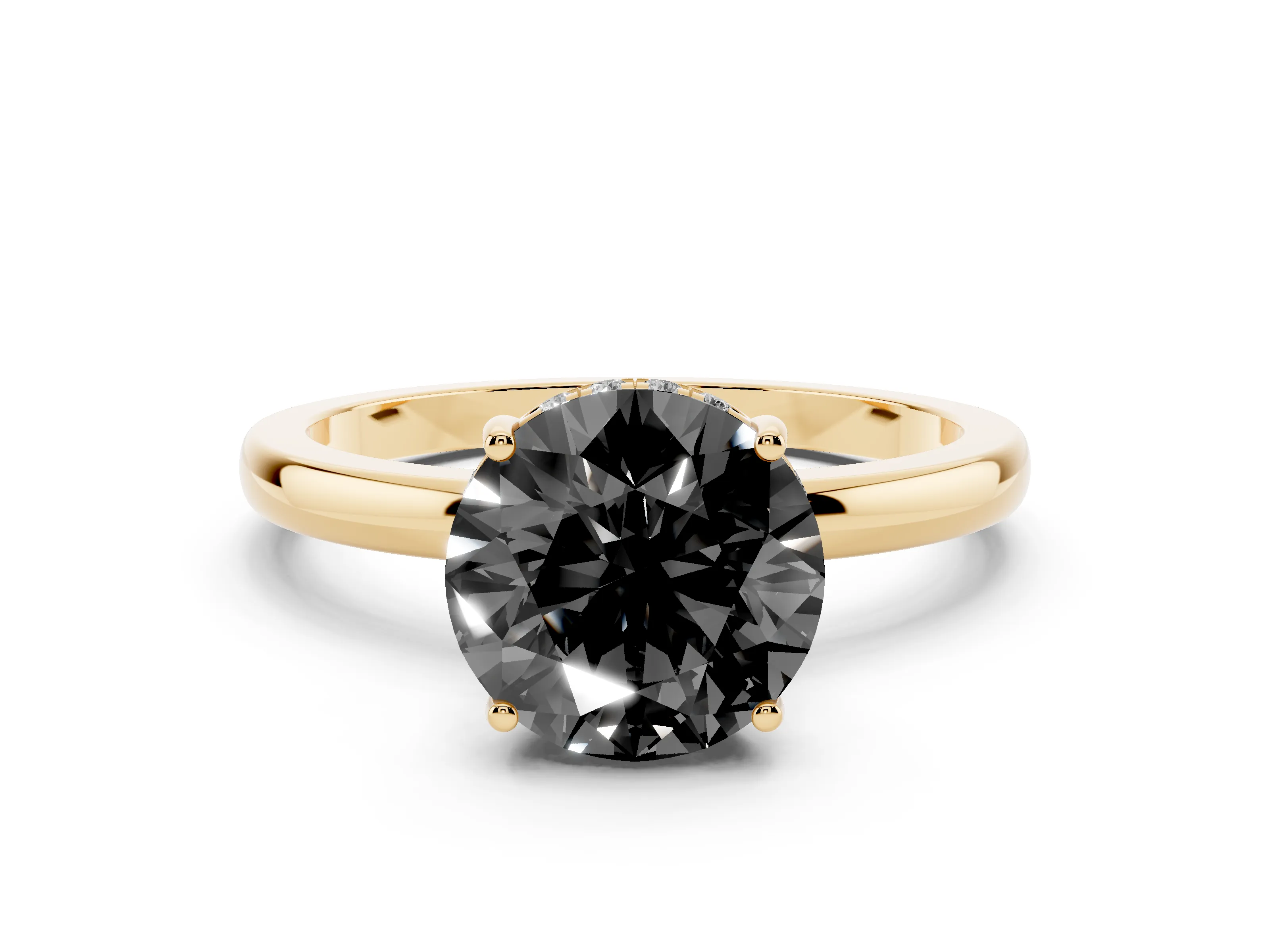 Fancy Black Round Cut Diamond Solitaire Ring Set in Yellow gold with Plain Band and Prong Setting