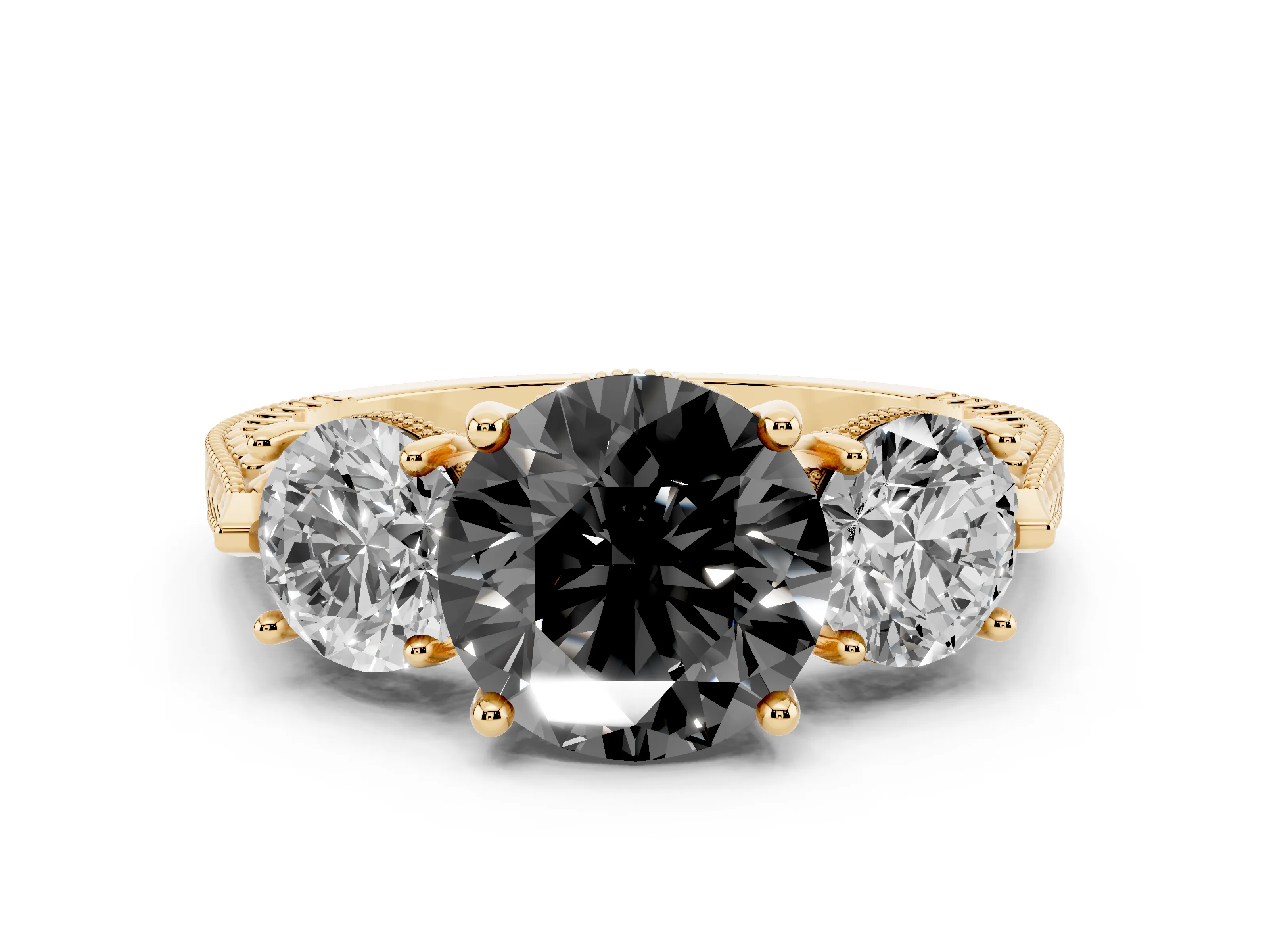 Fancy Black Round Cut Diamond Three-Stone Ring Set in Yellow gold with Milgrain Band