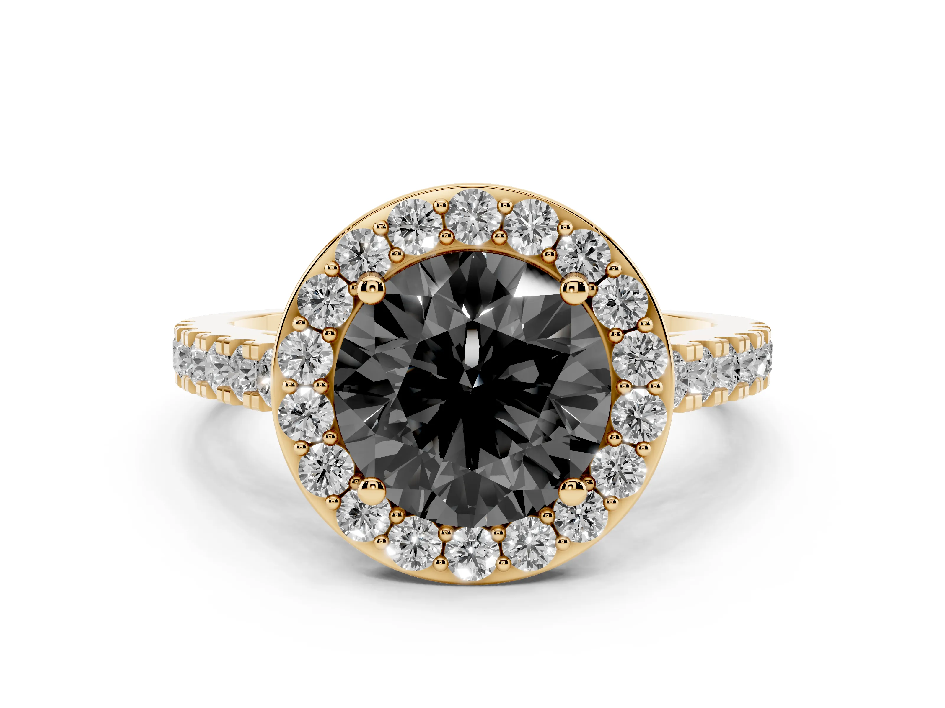 Fancy Black Round Cut Diamond Halo Ring Set in Yellow gold with Round Pavé Split Shank and Prong Setting