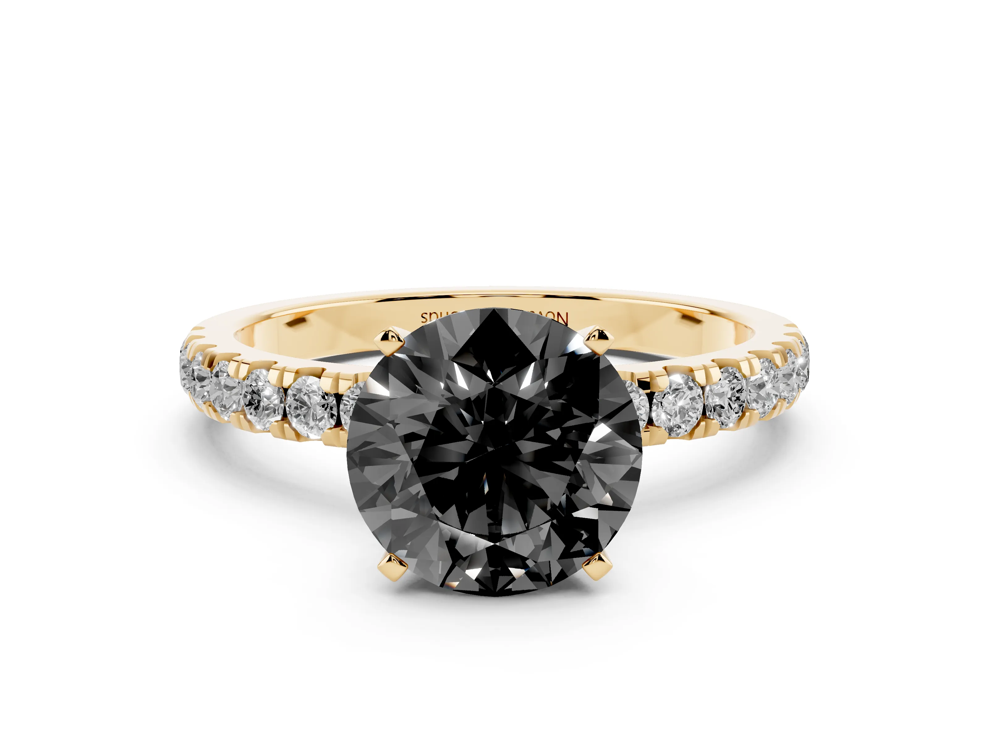 Fancy Black Round Cut Diamond Solitaire Ring Set in Yellow gold with Pavé Accents and Prong Setting