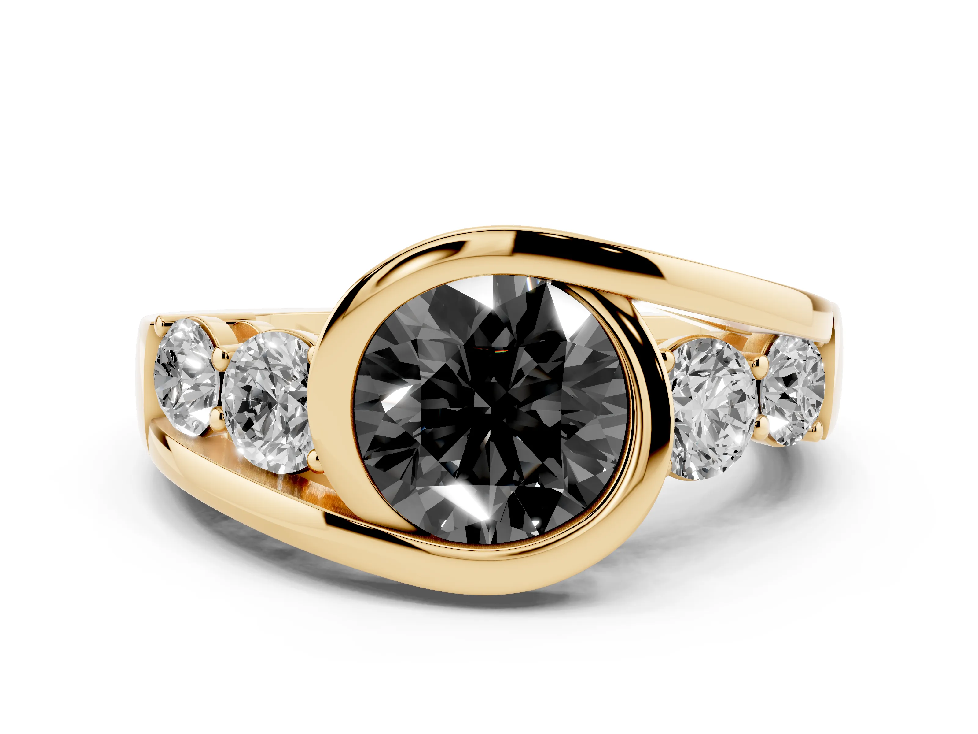 Fancy Black Round Cut Diamond Bezel Bypass Ring Set in Yellow gold with Round Accents