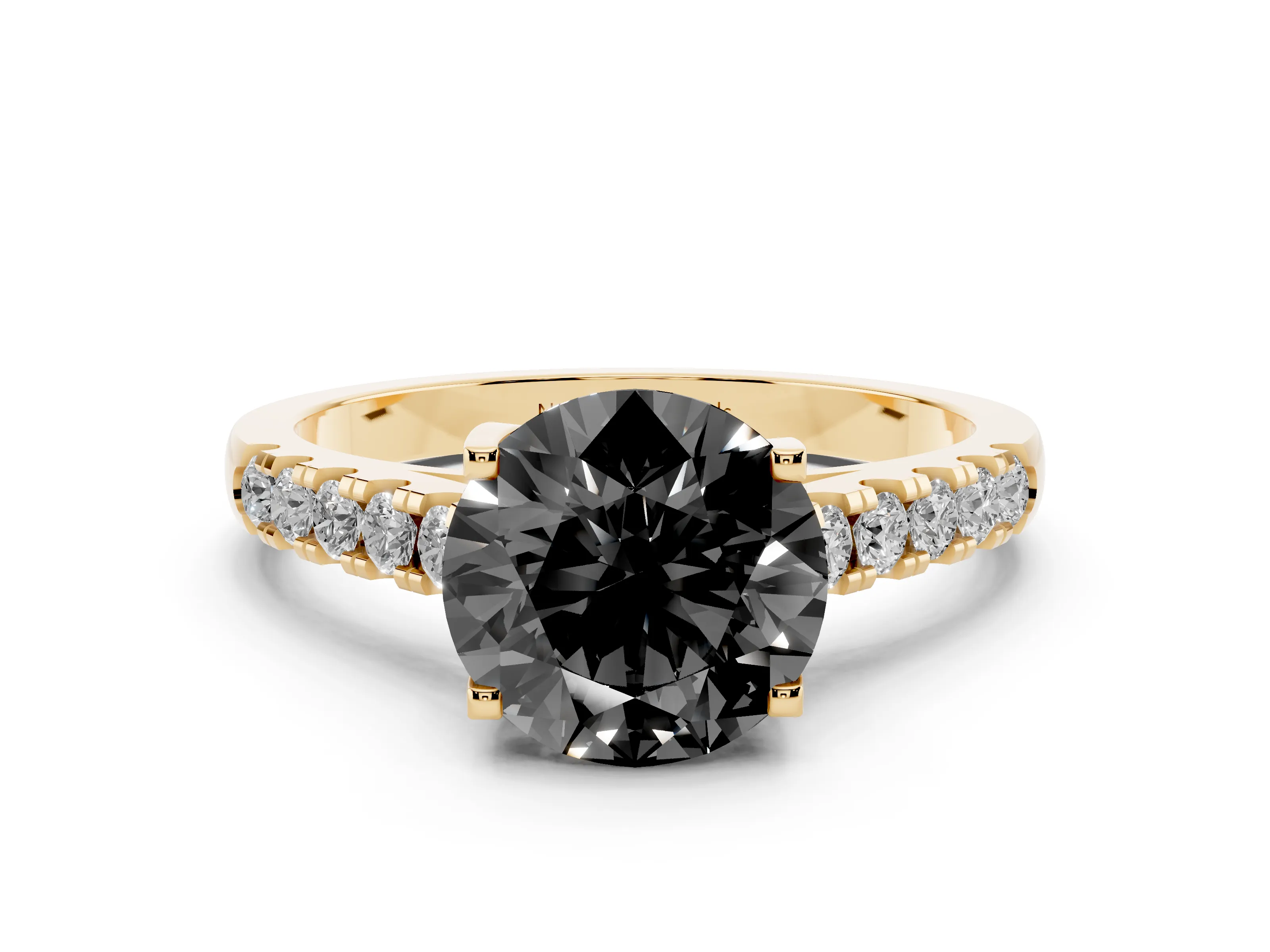 Fancy Black Round Cut Diamond Pavé Band Solitaire Ring Set in Yellow gold with Partway Accent Stones and Prong Setting