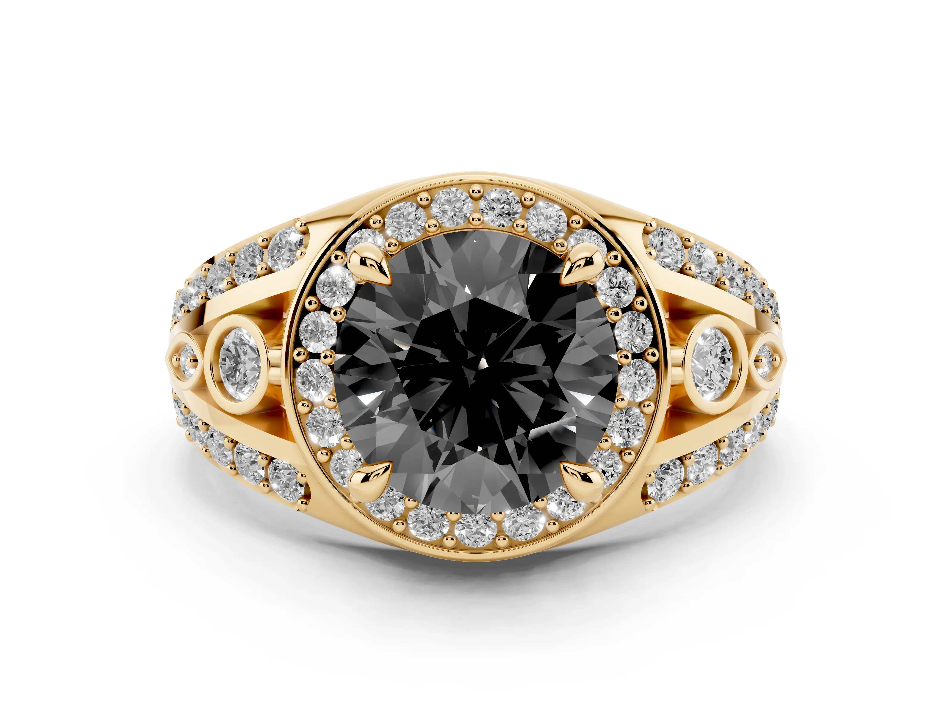 Fancy Black Round Cut Diamond Halo Ring Set in Yellow gold with Pavé Split Shank and Bezel Accents