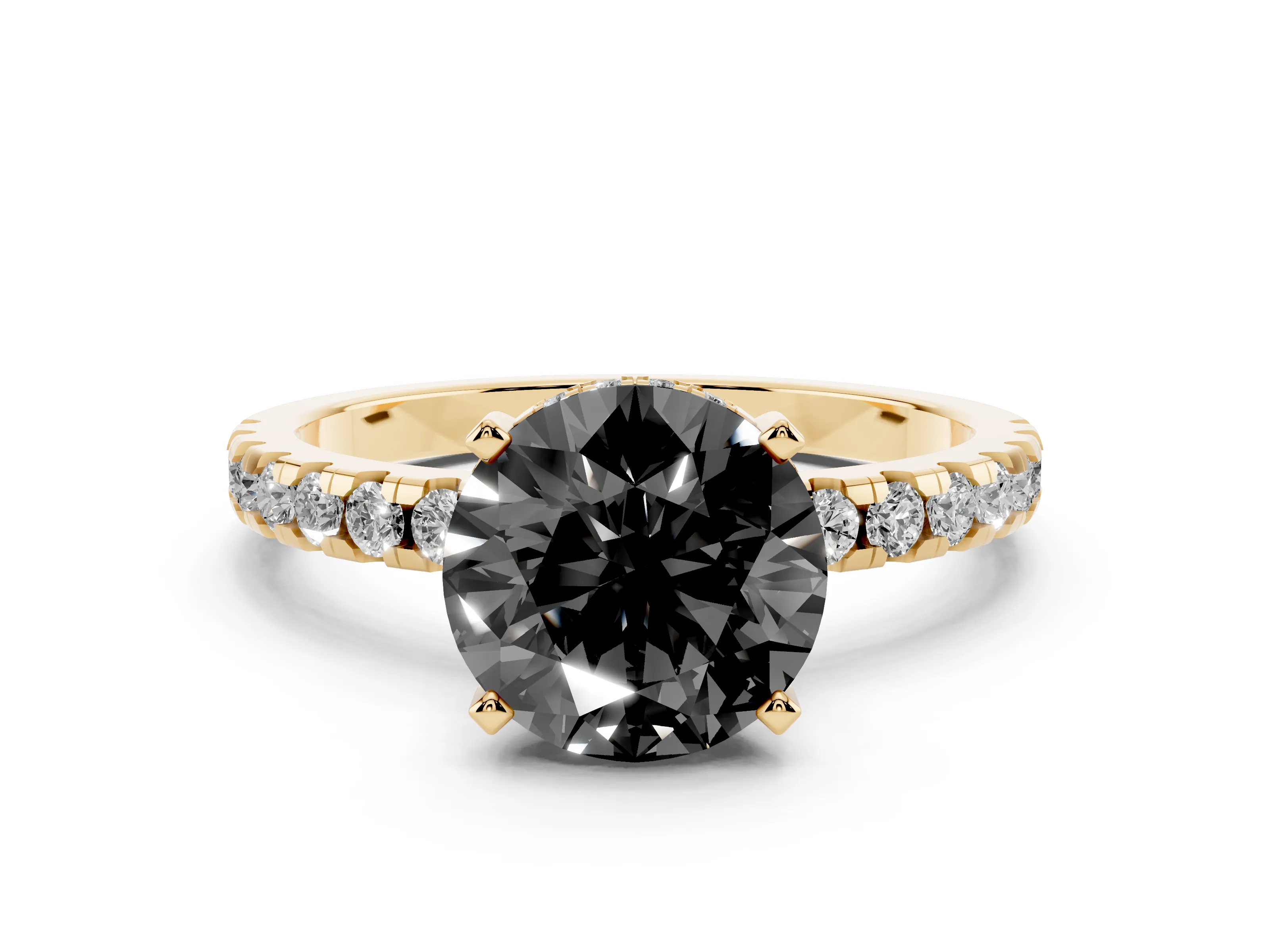 Fancy Black Round Cut Diamond Pavé Solitaire Ring Set in Yellow gold with Round Band Accents and Prong Setting