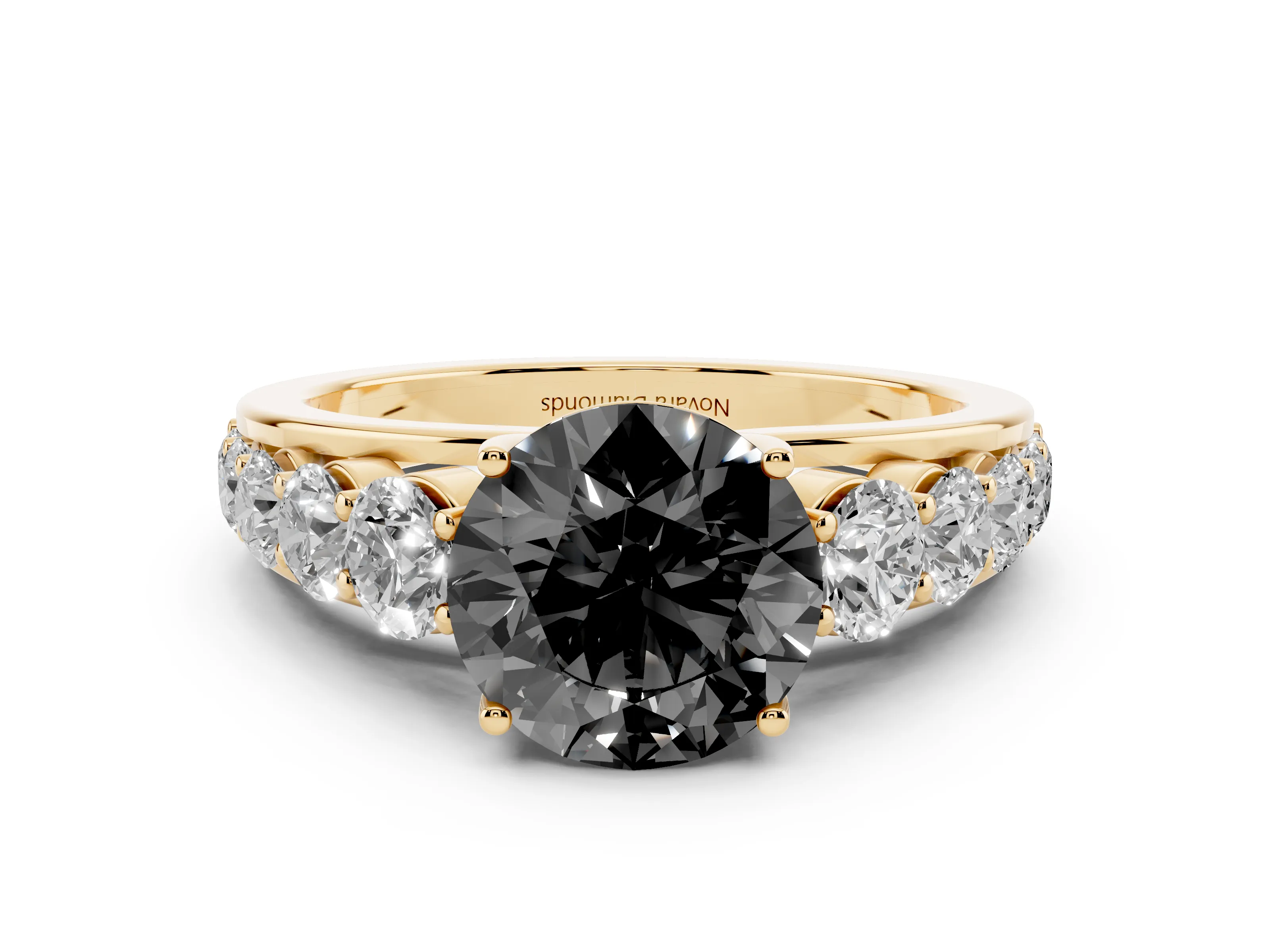 Fancy Black Round Cut Diamond Solitaire Ring Set in Yellow gold with Pavé-Set Band and Prong Setting