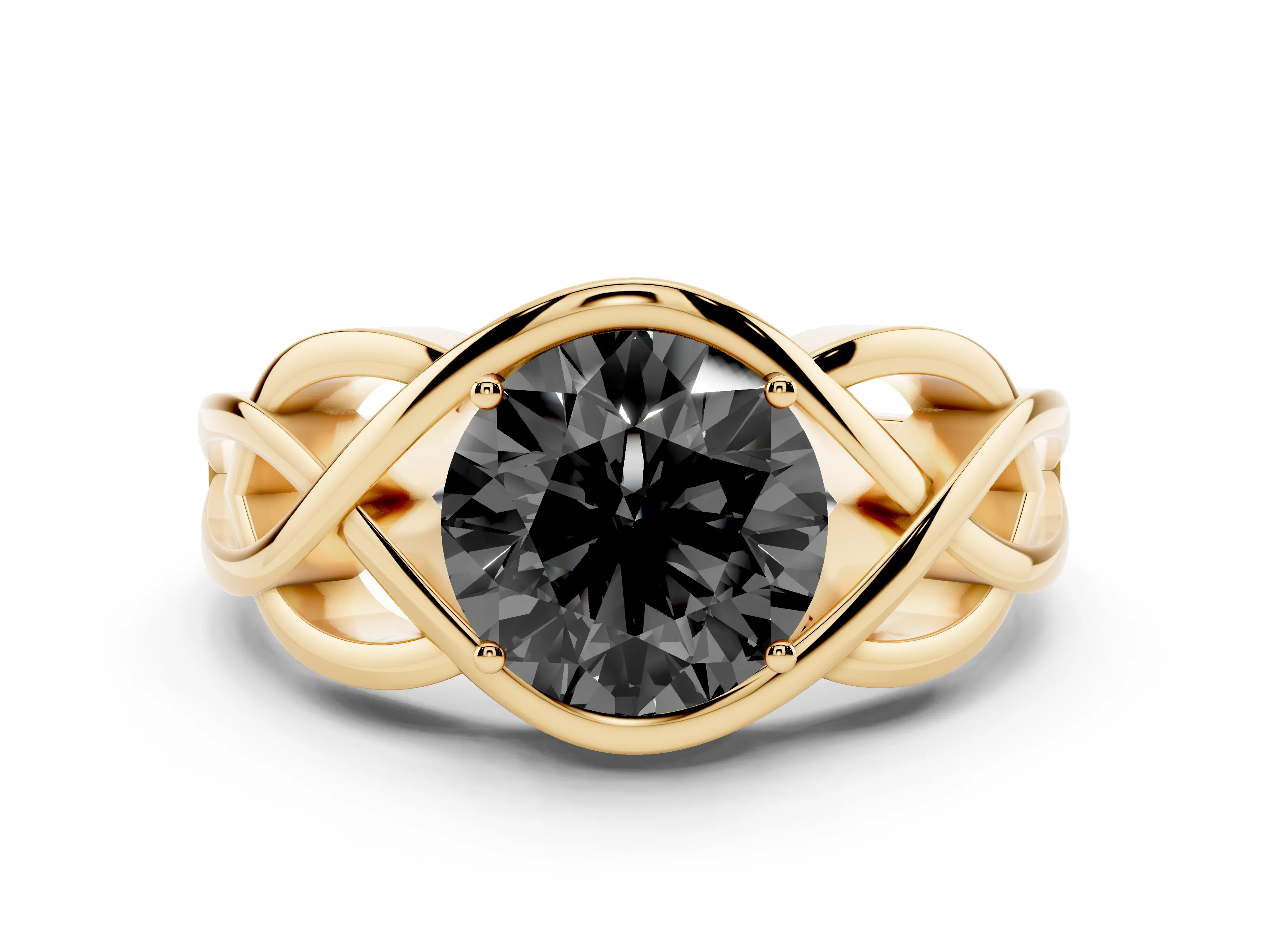 Fancy Black Round Cut Diamond Solitaire Ring Set in Yellow gold with Intertwined Band
