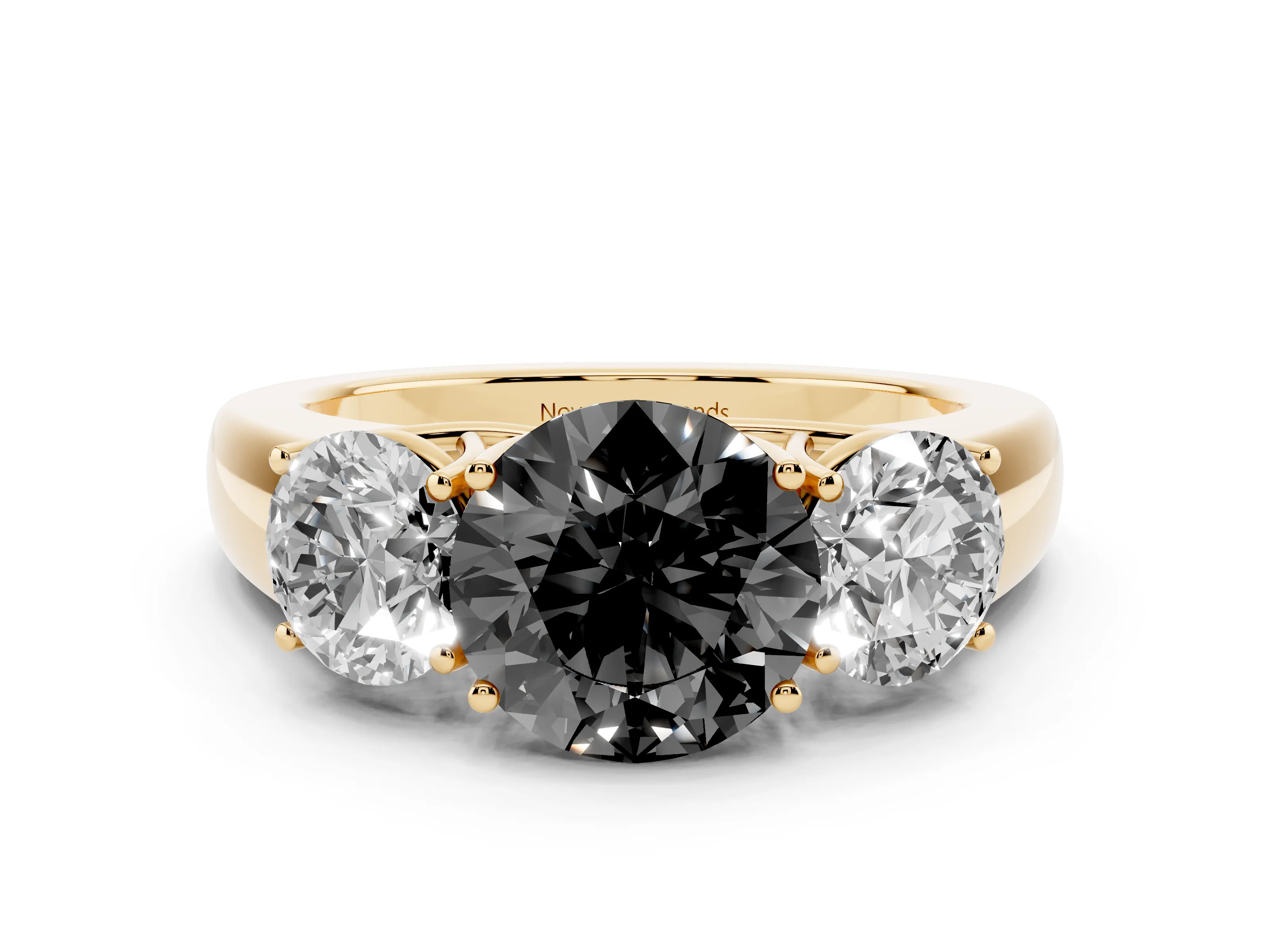 Fancy Black Three-Stone Round Cut Diamond Ring Set in Yellow gold with Matching Prong Settings and Plain Band