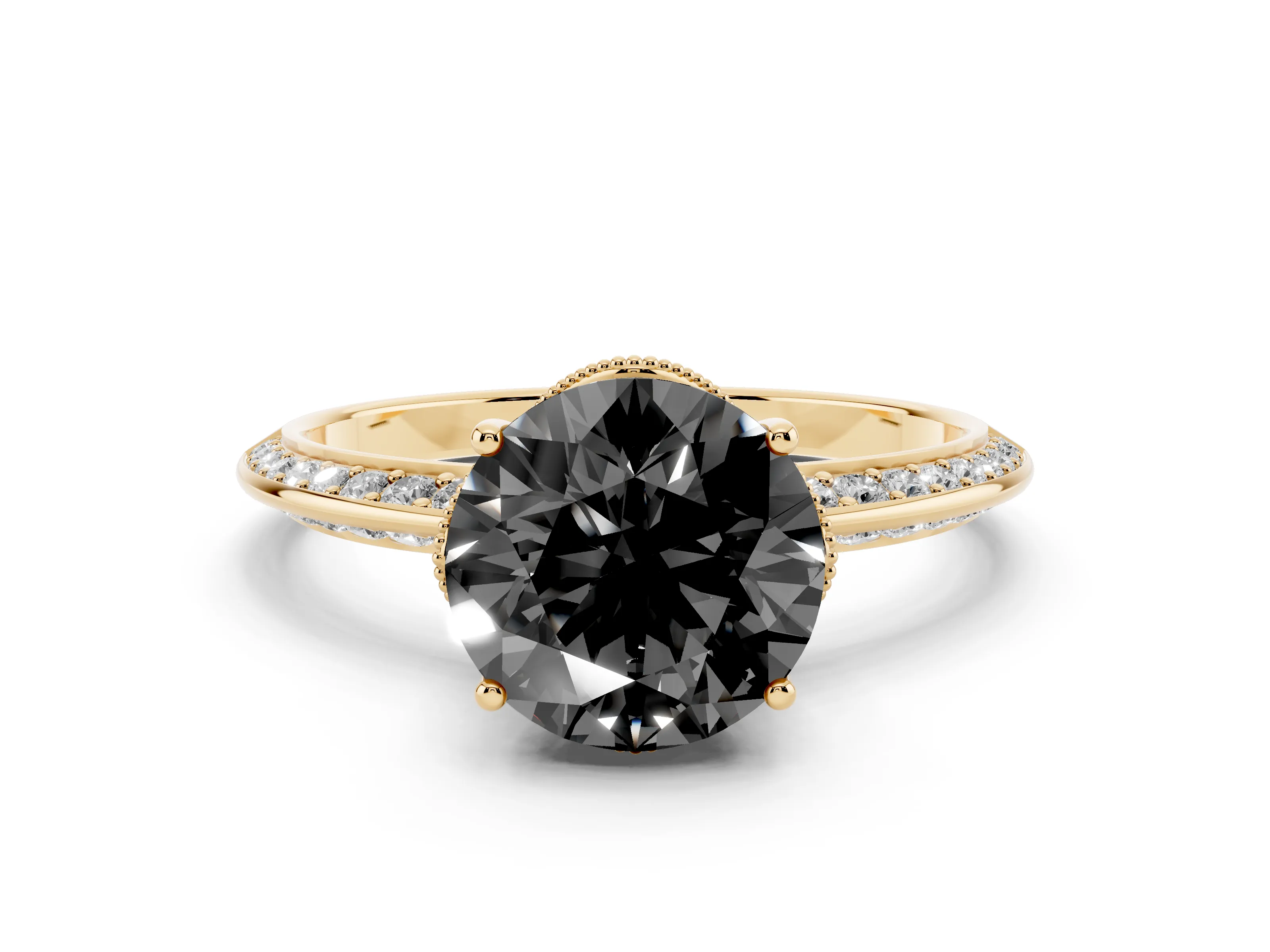 Fancy Black Round Cut Diamond Solitaire Engagement Ring Set in Yellow gold with Pavé Split Shank and Prong Setting