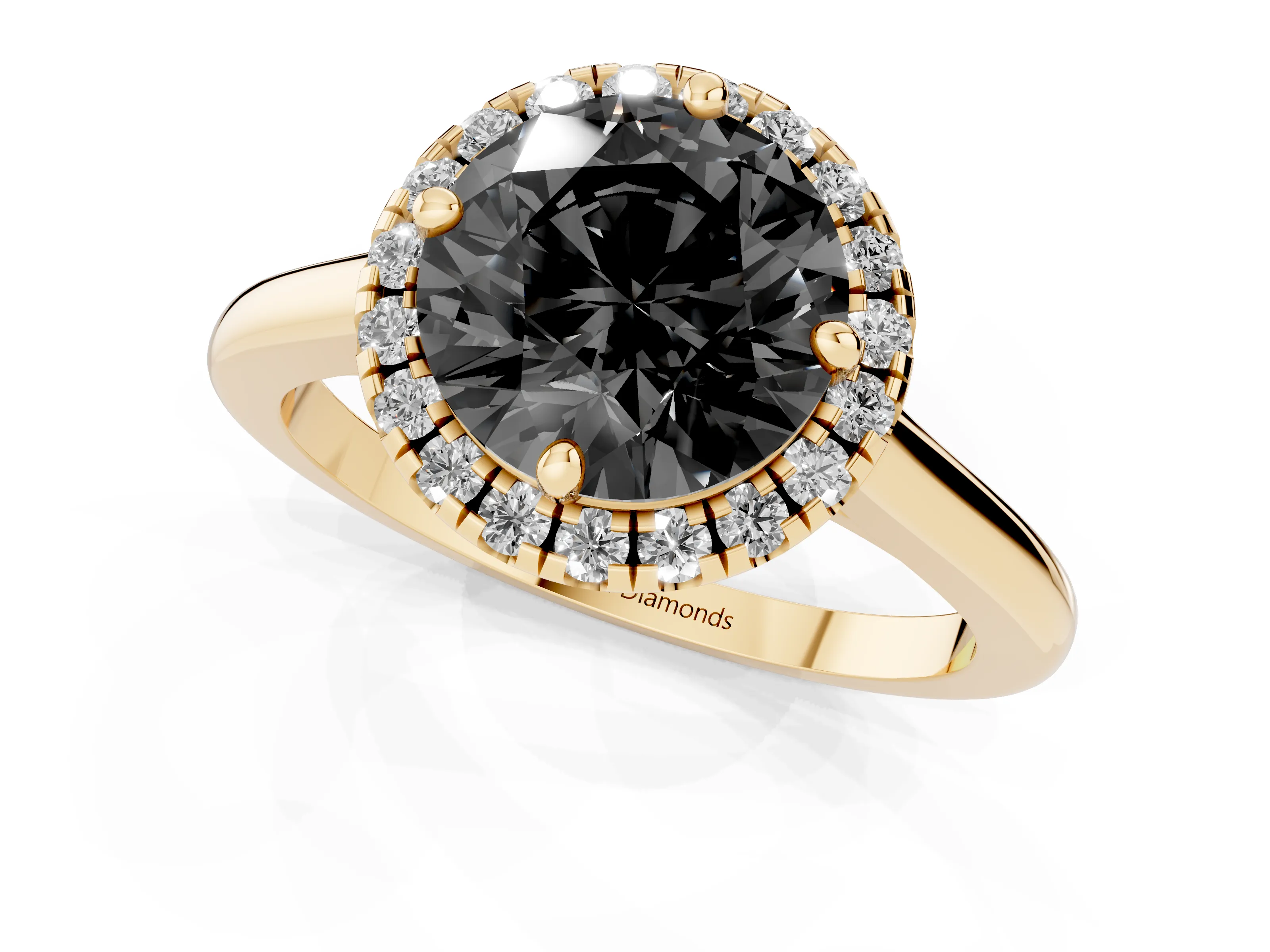 Fancy Black Round Cut Diamond Halo Engagement Ring Set in Yellow gold with Pavé Band and Rising Shoulders