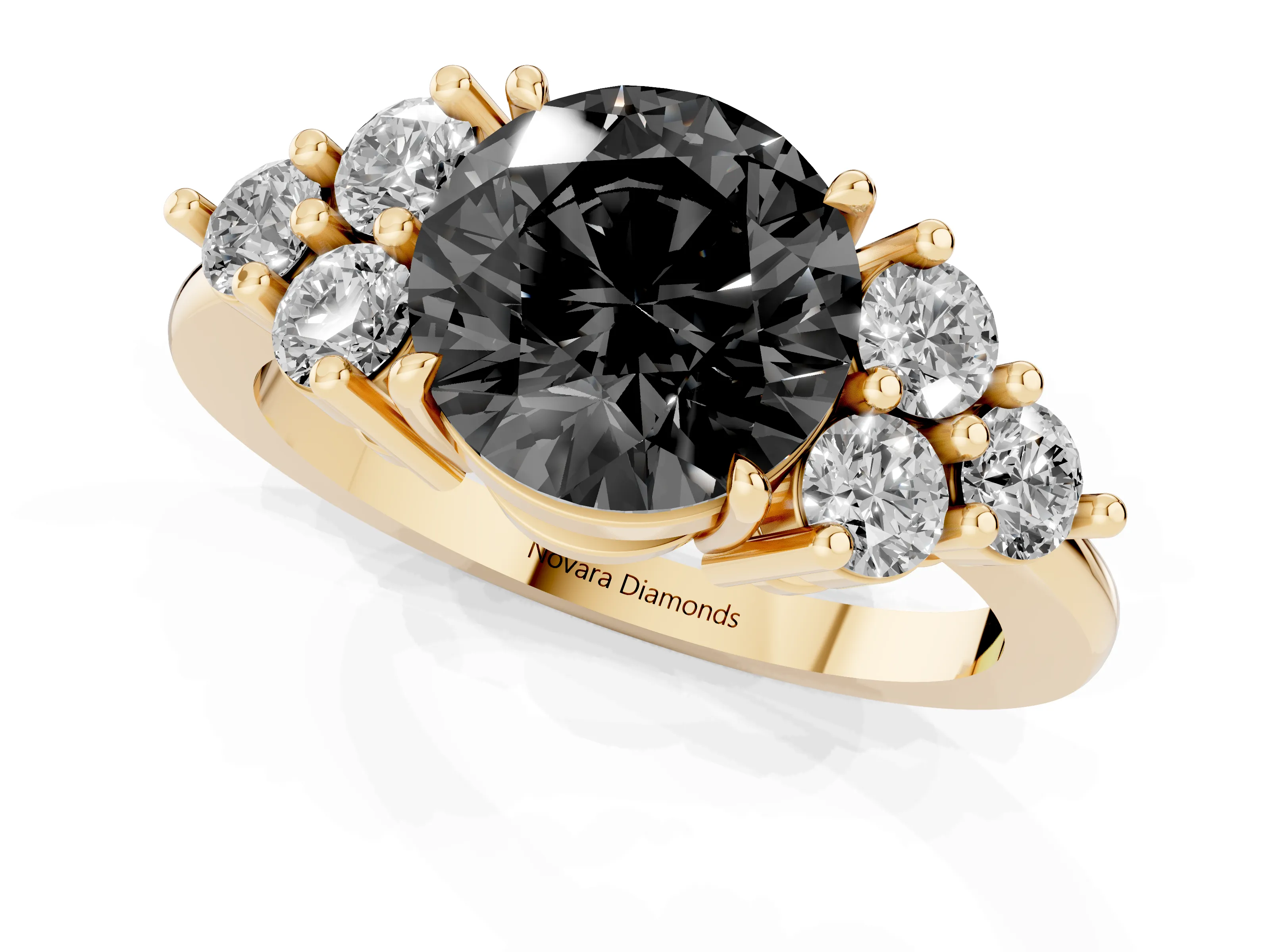 Fancy Black Round Cut Diamond Solitaire Ring Set in Yellow gold with Cluster Accents on Each Side