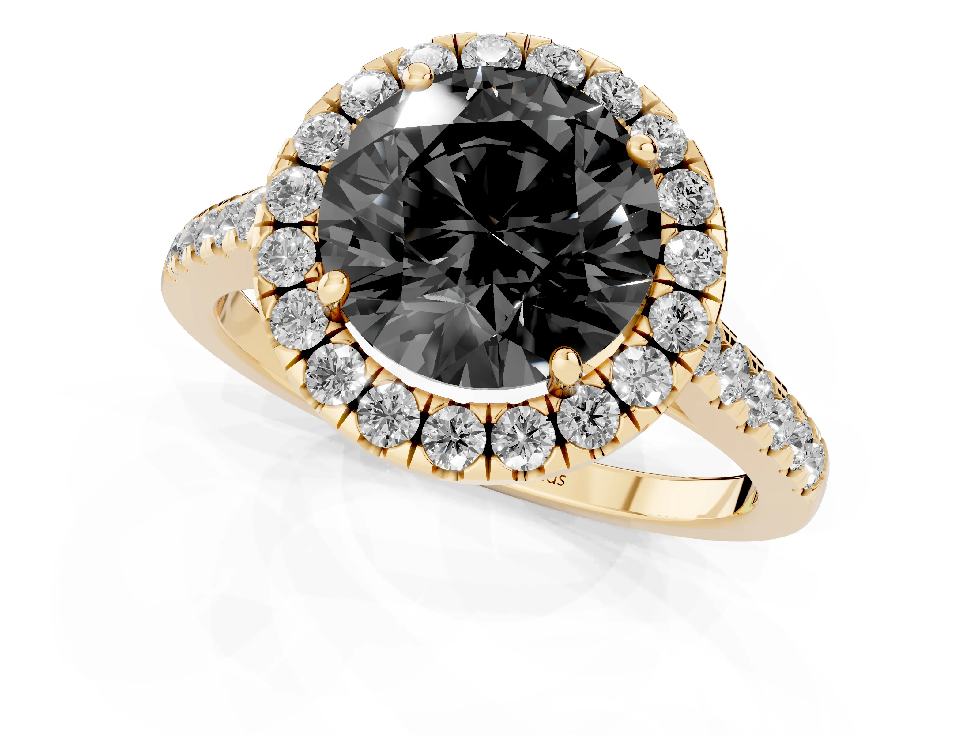 Fancy Black Round Cut Diamond Halo Pavé Engagement Ring Set in Yellow gold with Prong Setting