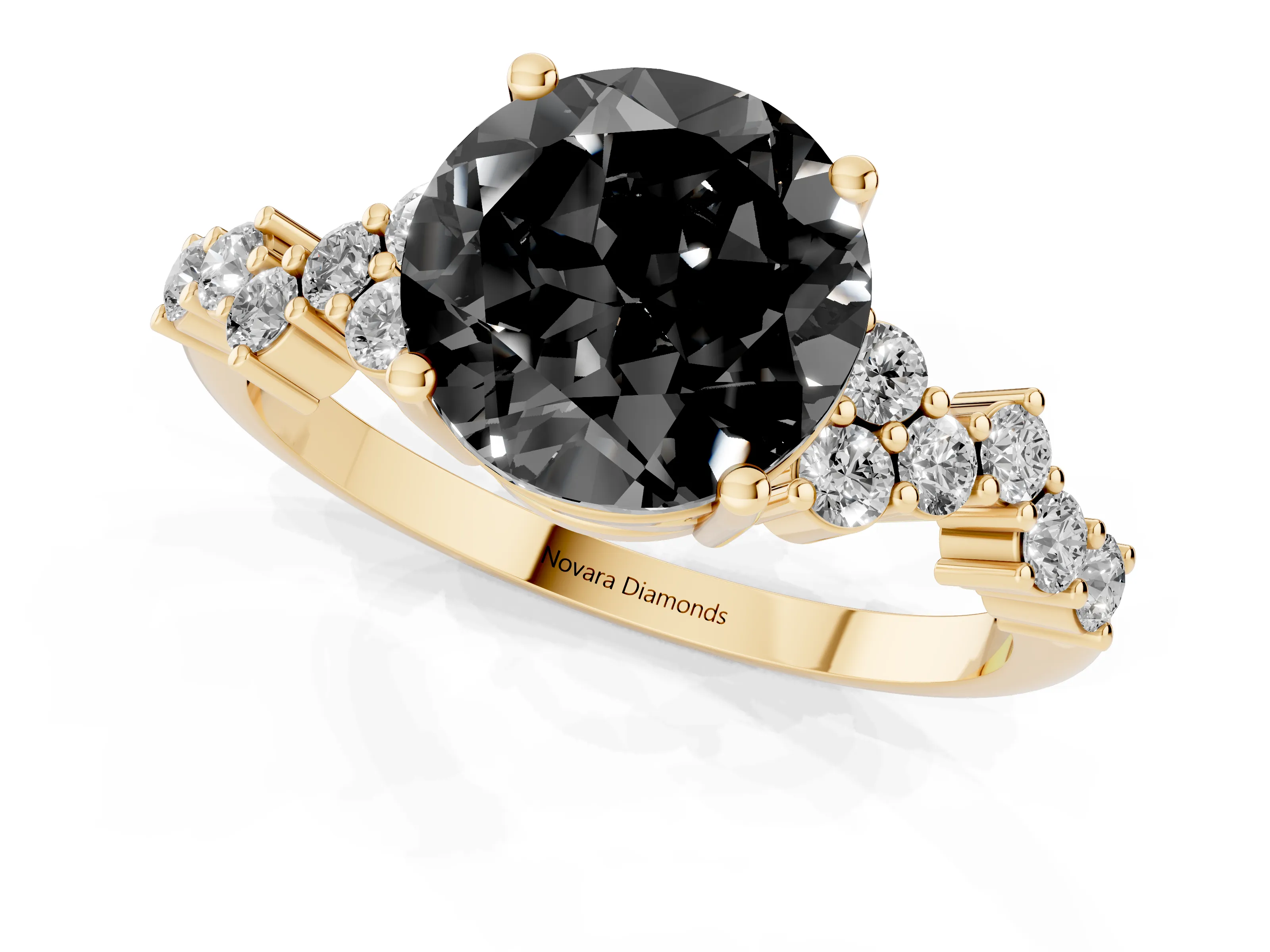 Fancy Black Round Cut Diamond Ring Set in Yellow gold with Scattered Round Accents