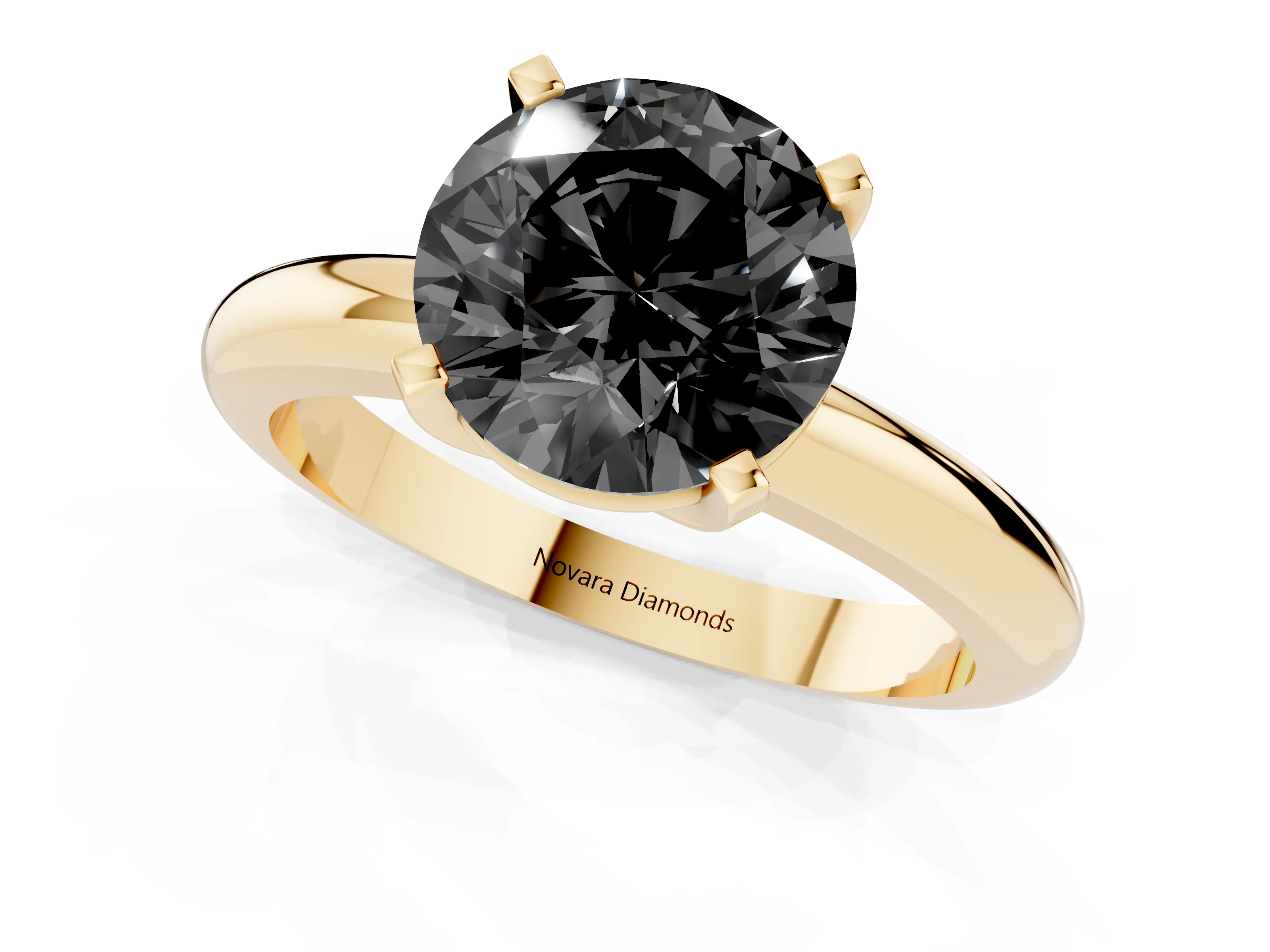 Fancy Black Round Cut Diamond Solitaire Engagement Ring Set in Yellow gold with Round Band and Prong Setting