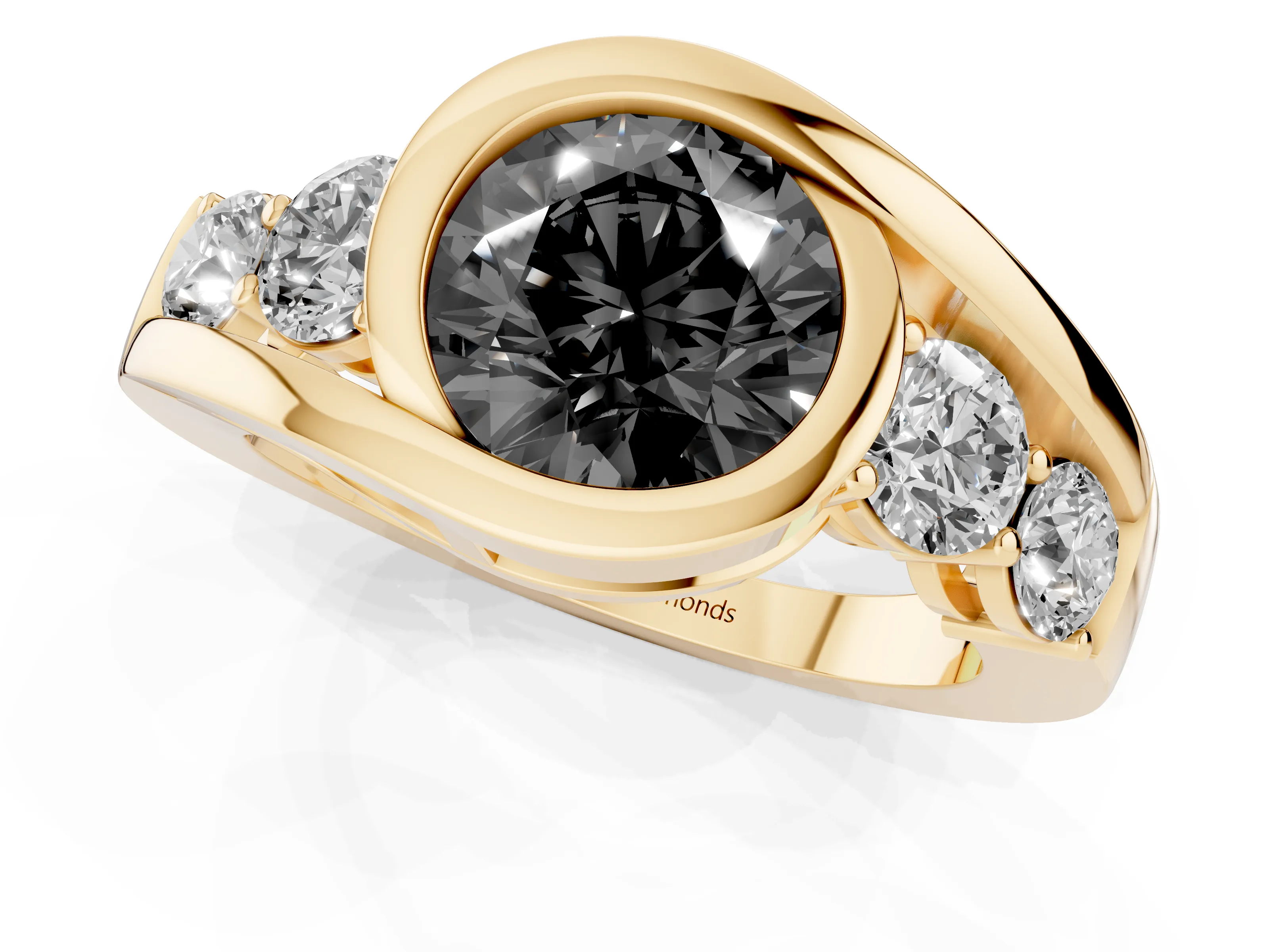 Fancy Black Round Cut Diamond Bezel Bypass Ring Set in Yellow gold with Round Accents