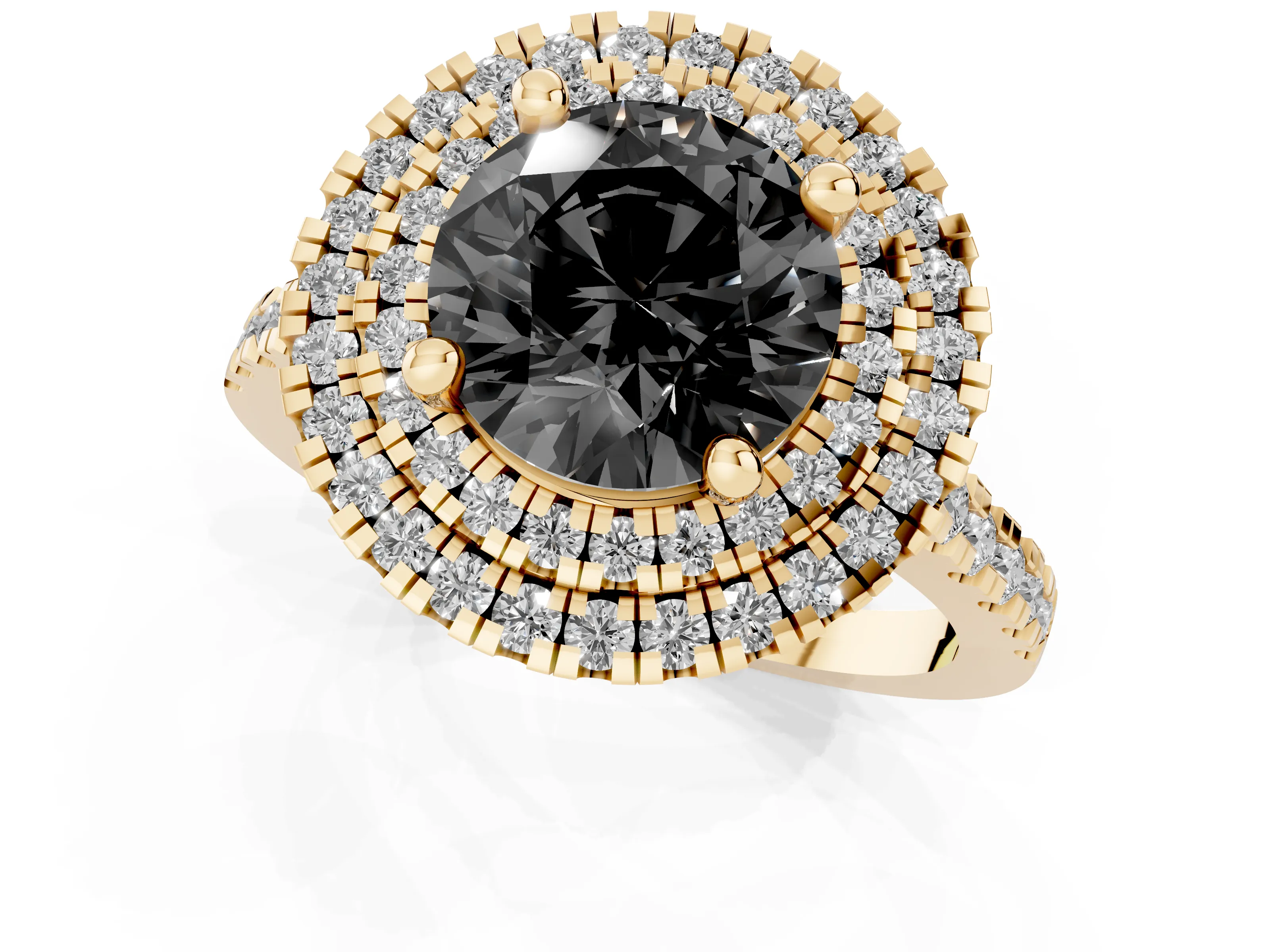 Fancy Black Round Cut Diamond Double Halo Statement Ring Set in Yellow gold with Pavé Band