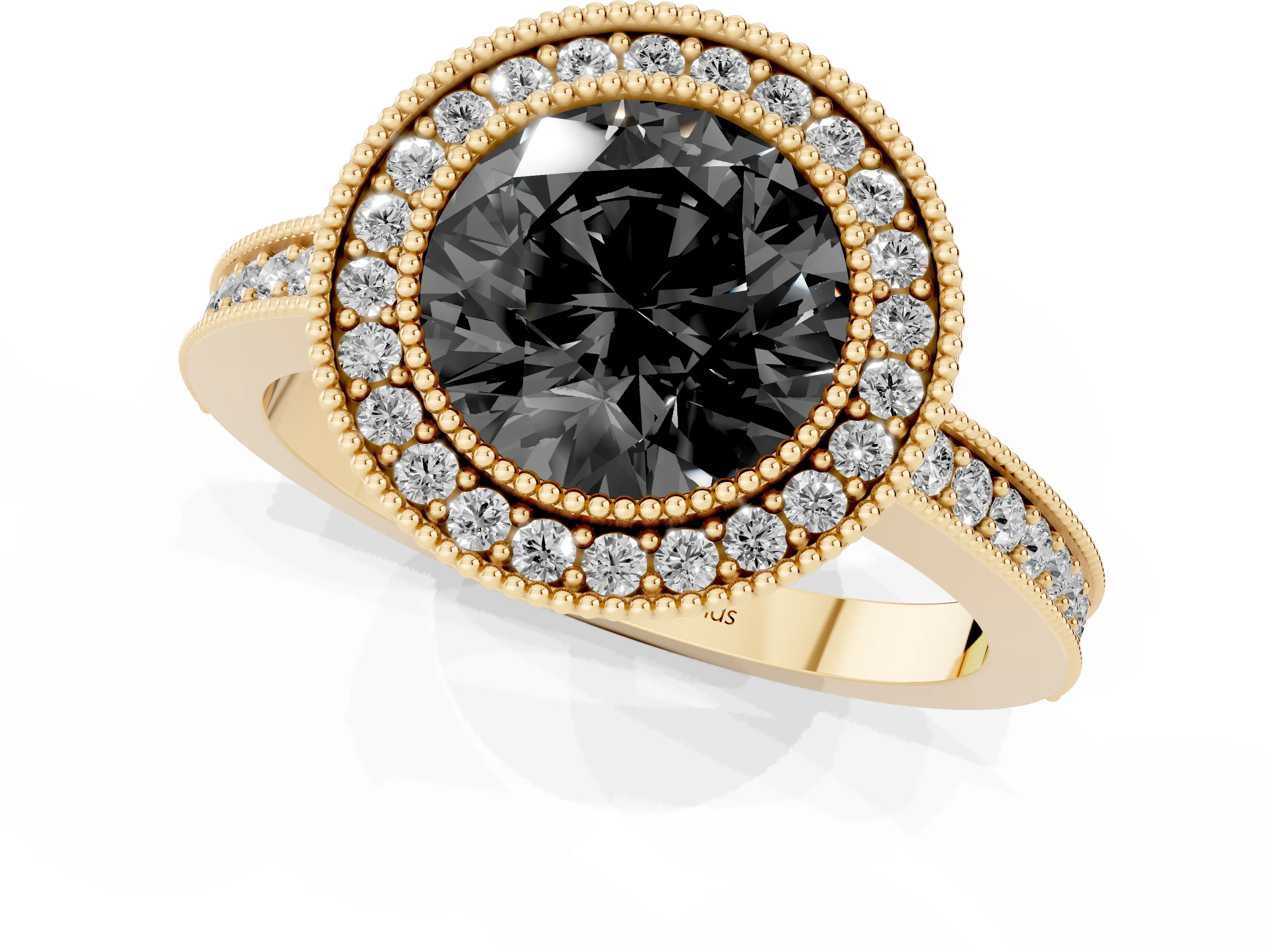 Fancy Black Round Cut Diamond Round Halo Ring Set in Yellow gold with Pavé Band