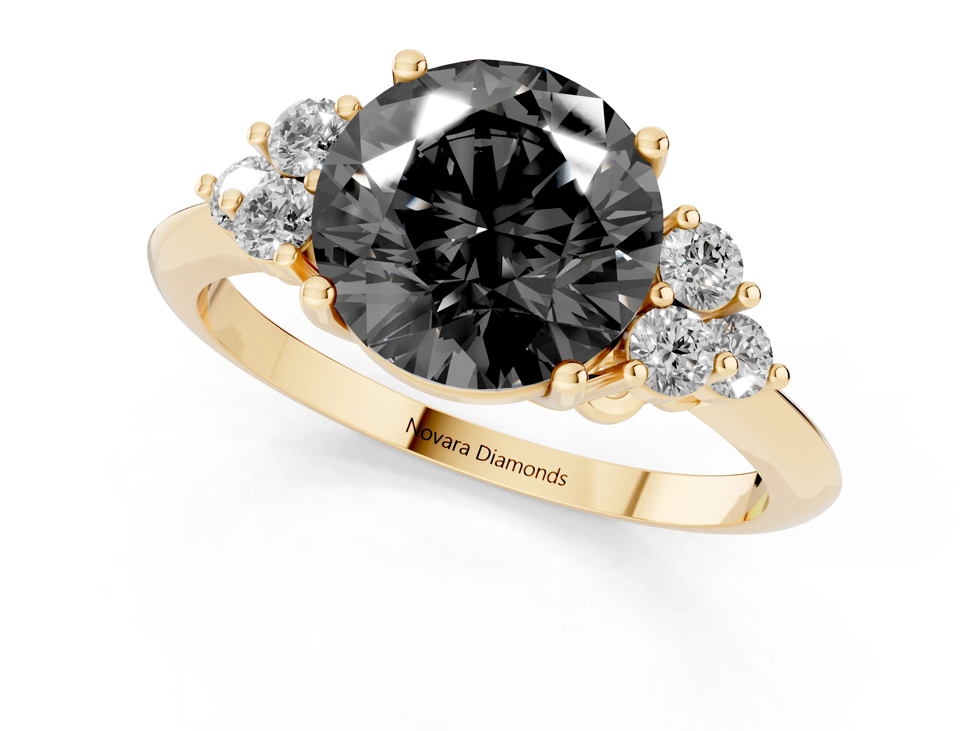Fancy Black Round Cut Diamond Cluster Ring Set in Yellow gold with Plain Band and Prong Setting