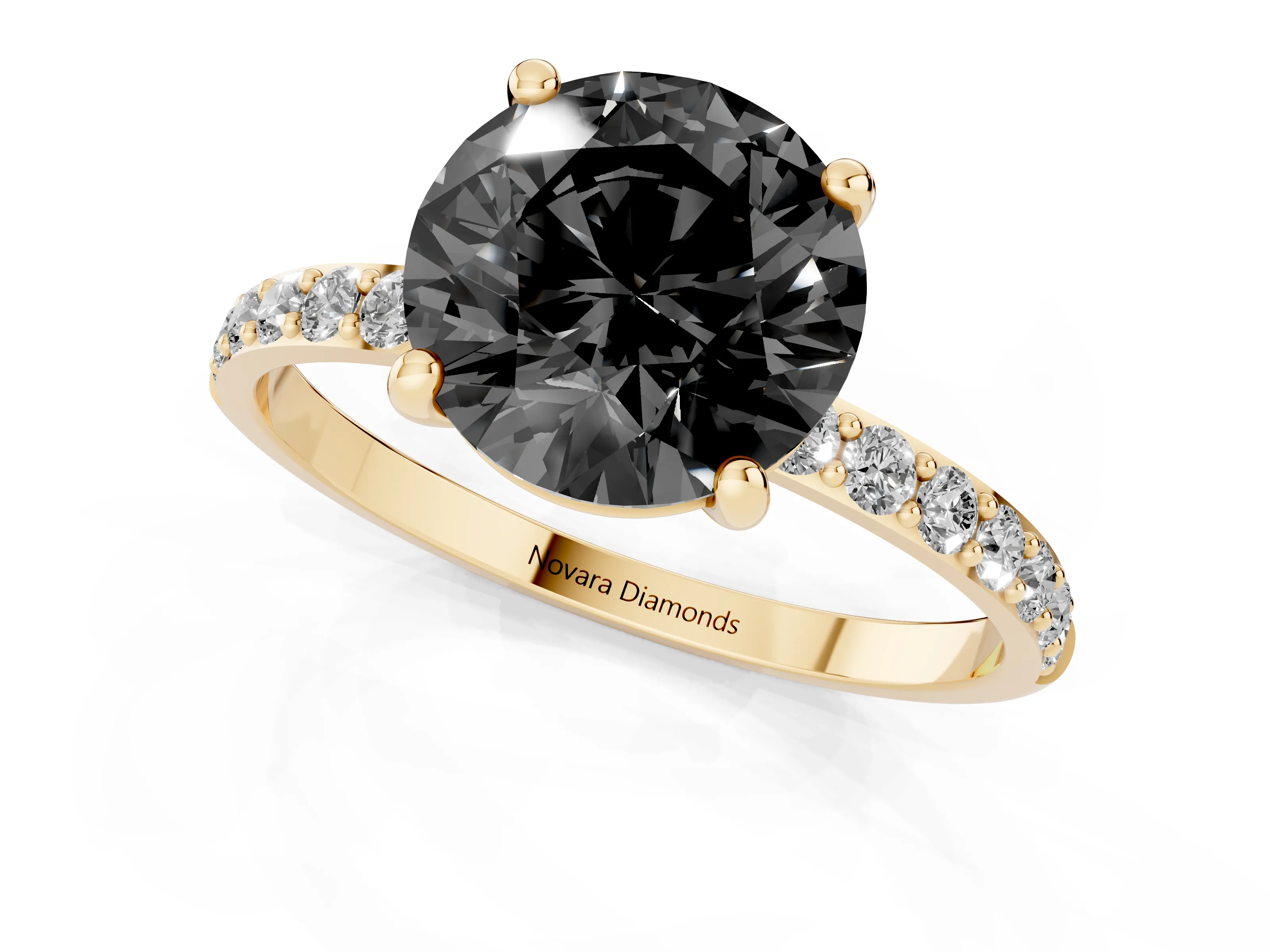 Fancy Black Round Cut Diamond Solitaire Ring Set in Yellow gold with Round Pavé Band and Prong Setting