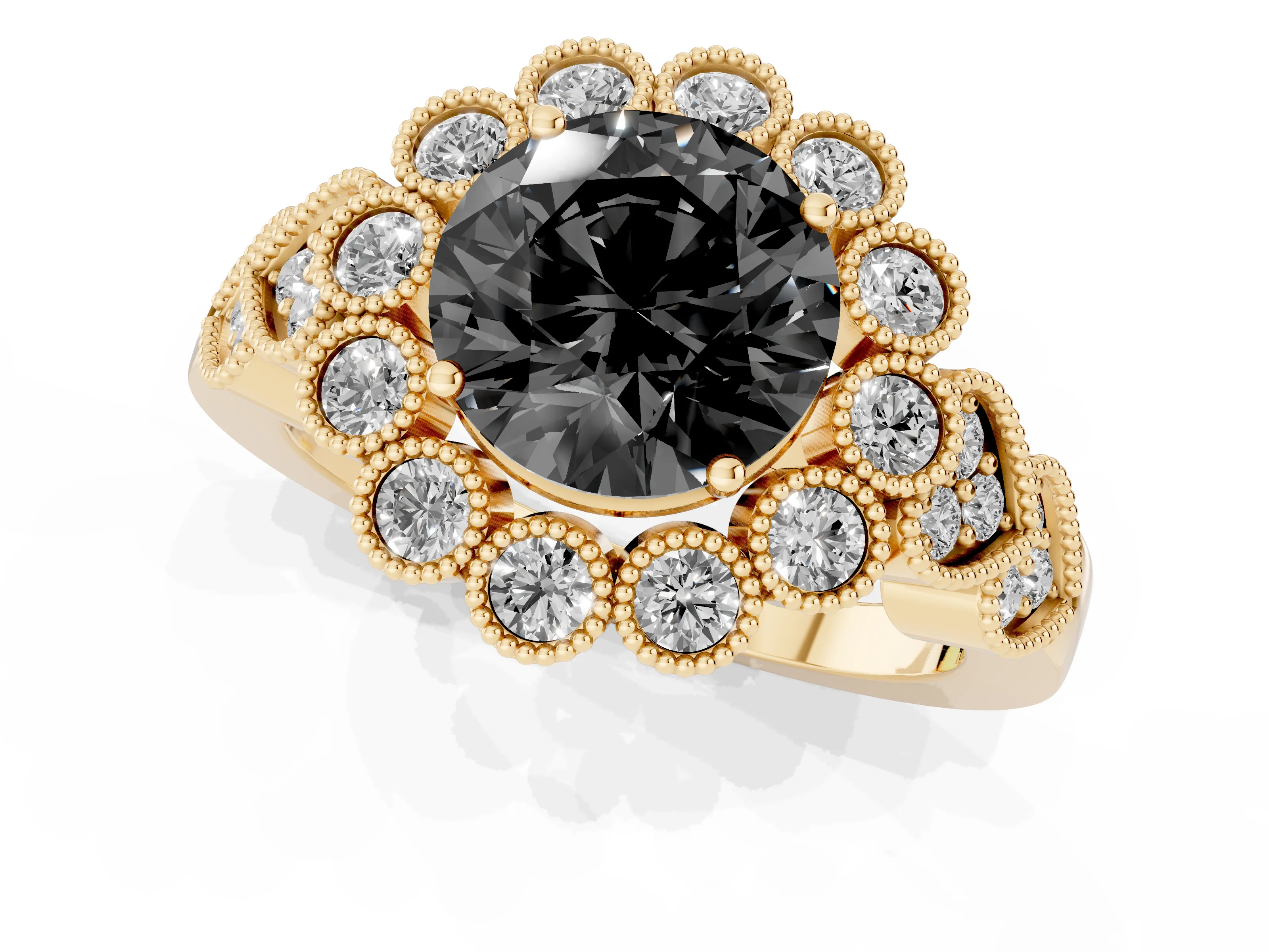 Fancy Black Round Cut Diamond Solitaire Ring Set in Yellow gold with Milgrain Pavé Heart Band