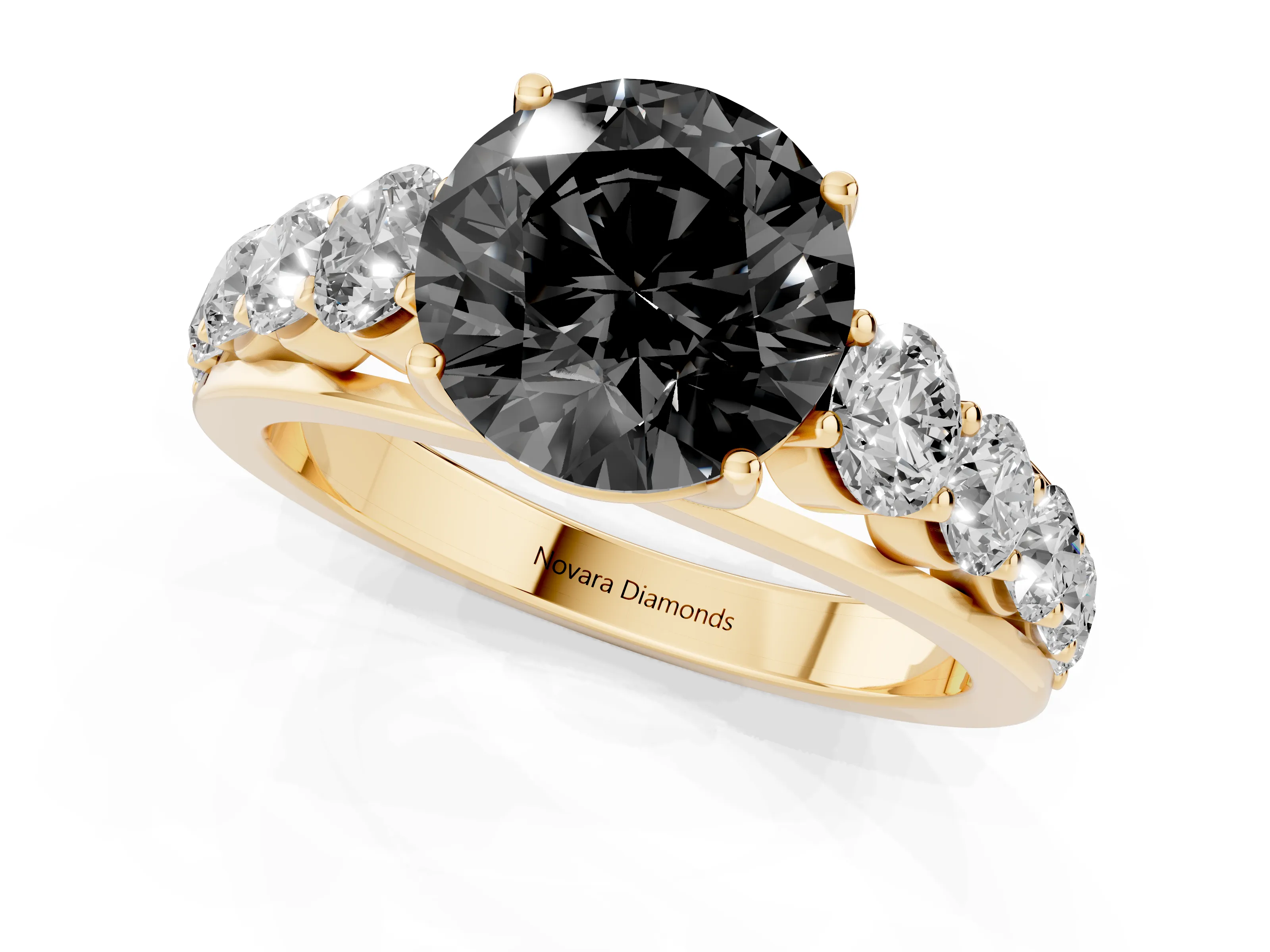 Fancy Black Round Cut Diamond Solitaire Ring Set in Yellow gold with Pavé-Set Band and Prong Setting