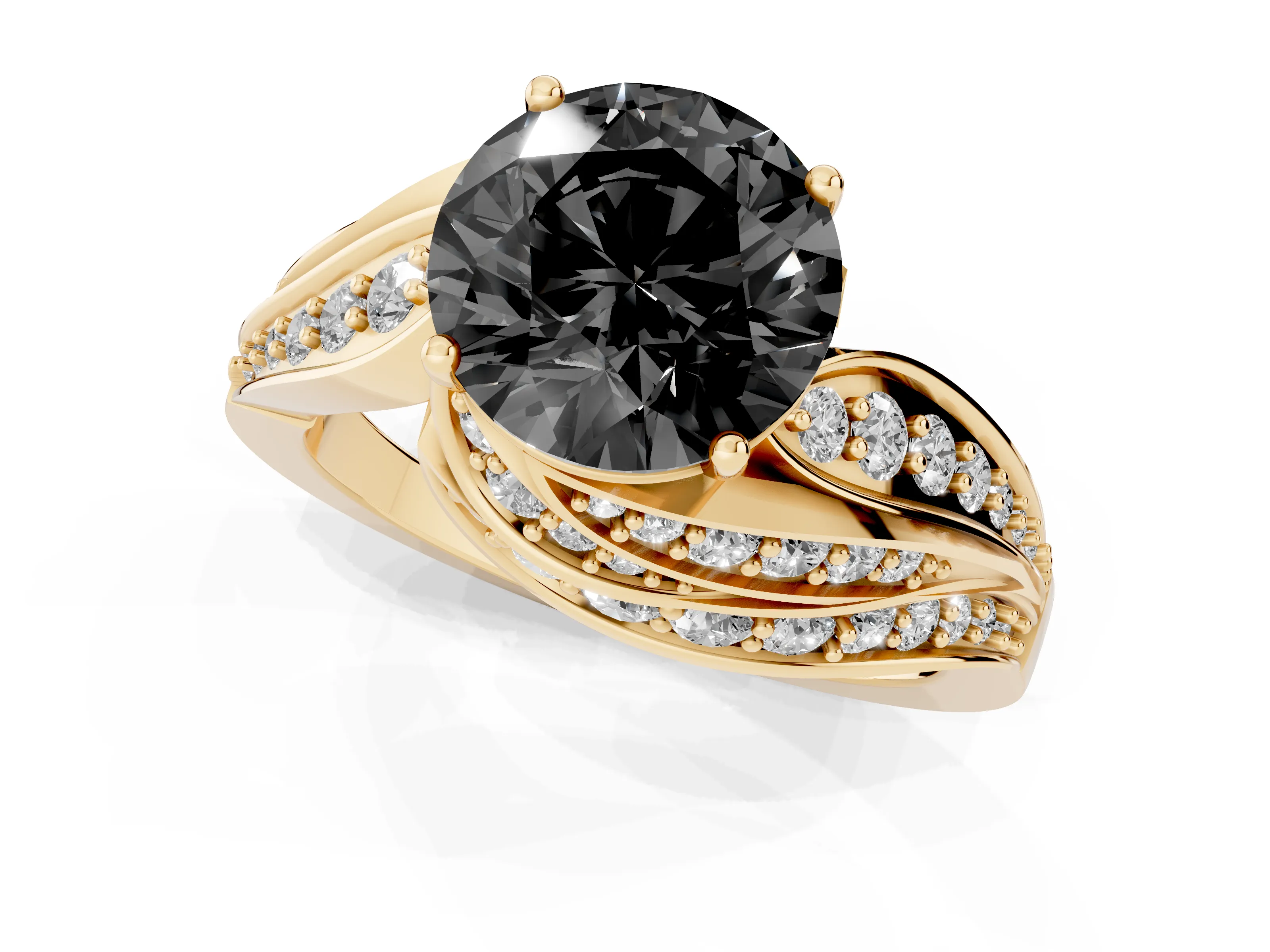 Fancy Black Round Cut Diamond Solitaire Ring Set in Yellow gold with Layered Twist Pavé Band