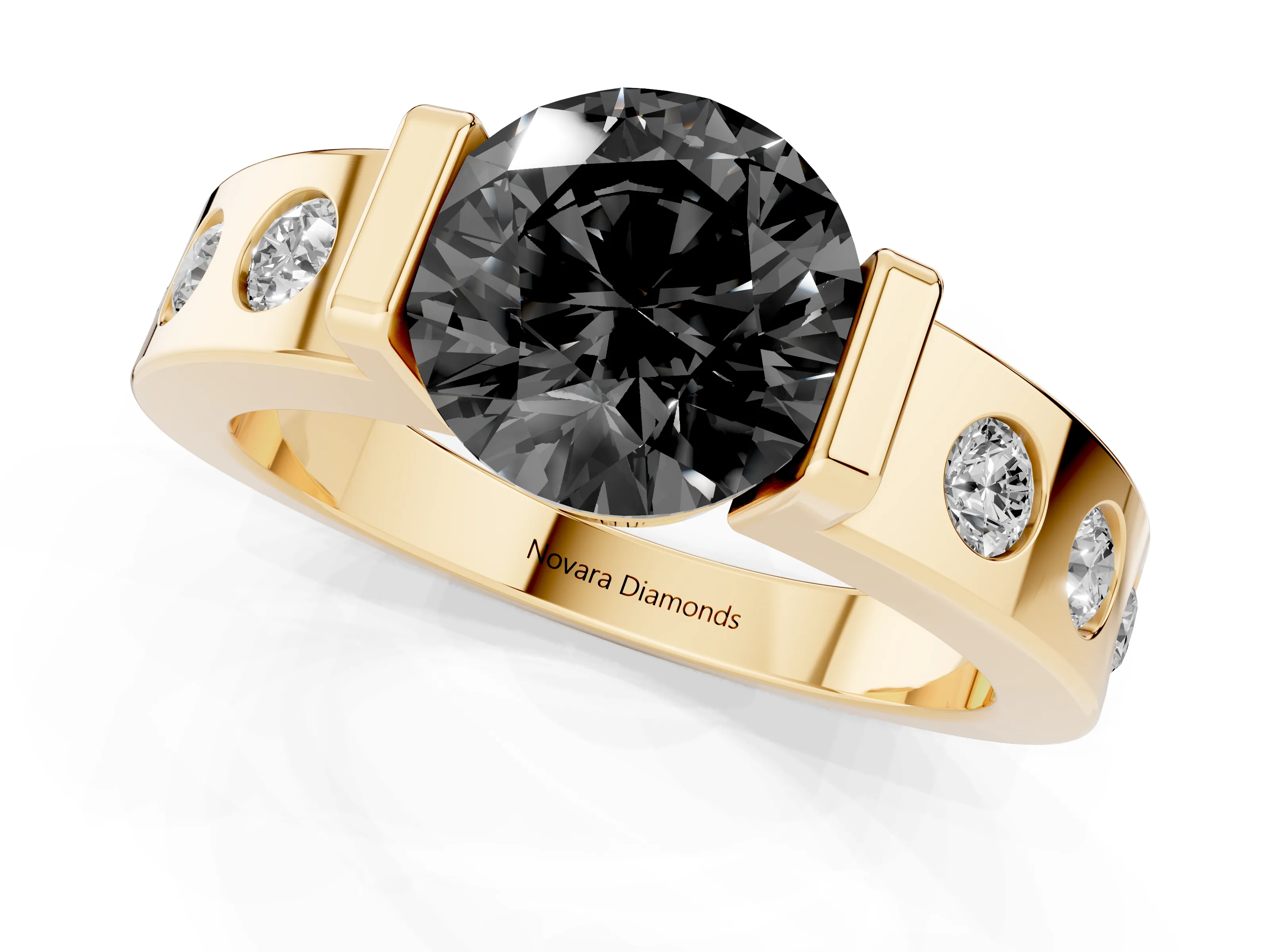 Fancy Black Round Cut Diamond Channel-Set Band Ring Set in Yellow gold with Bezel Prong Setting