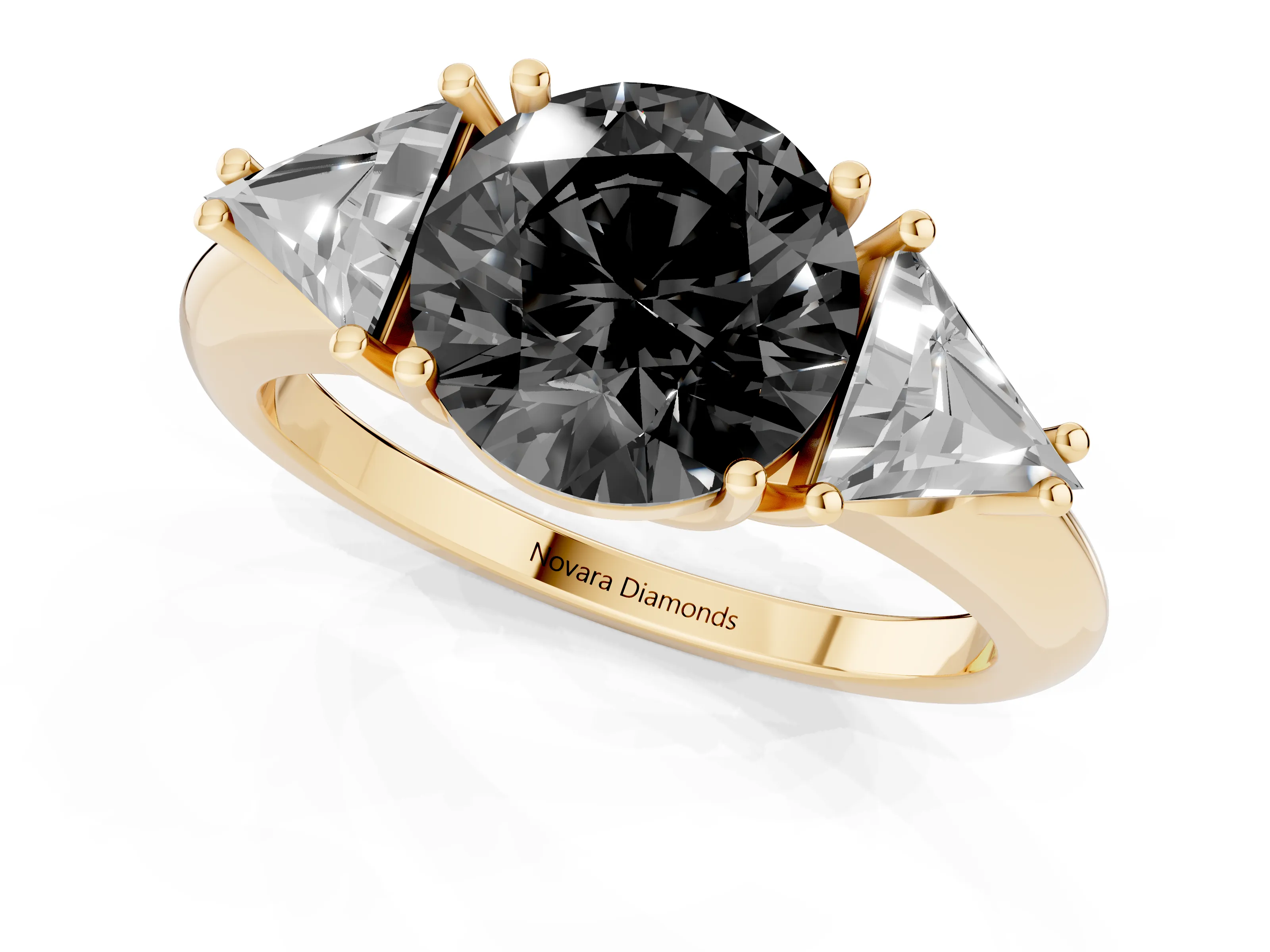 Fancy Black Round Cut Diamond Three-Stone Engagement Ring Set in Yellow gold with Trillion Side Stones