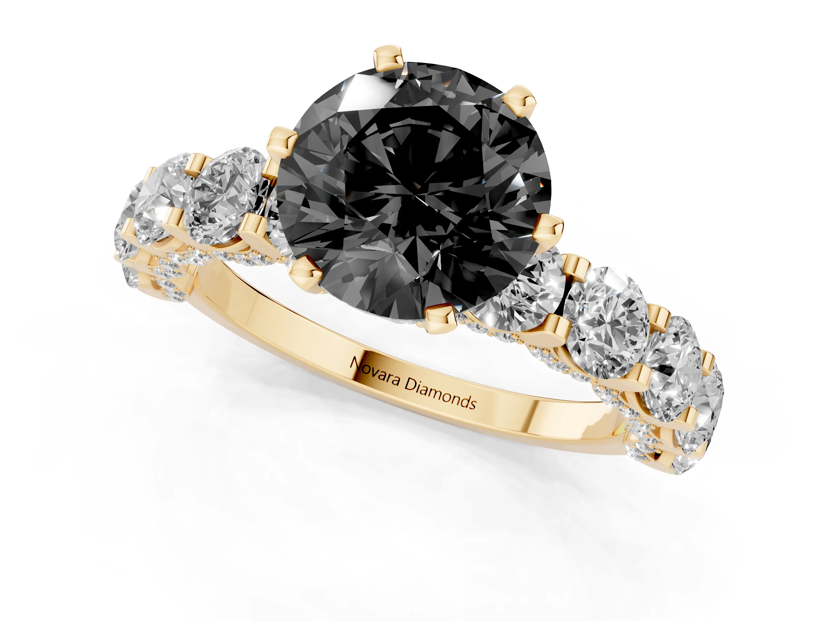 Fancy Black Round Cut Diamond Side Stone Ring Set in Yellow gold with Alternating Round and Oval Side Stones