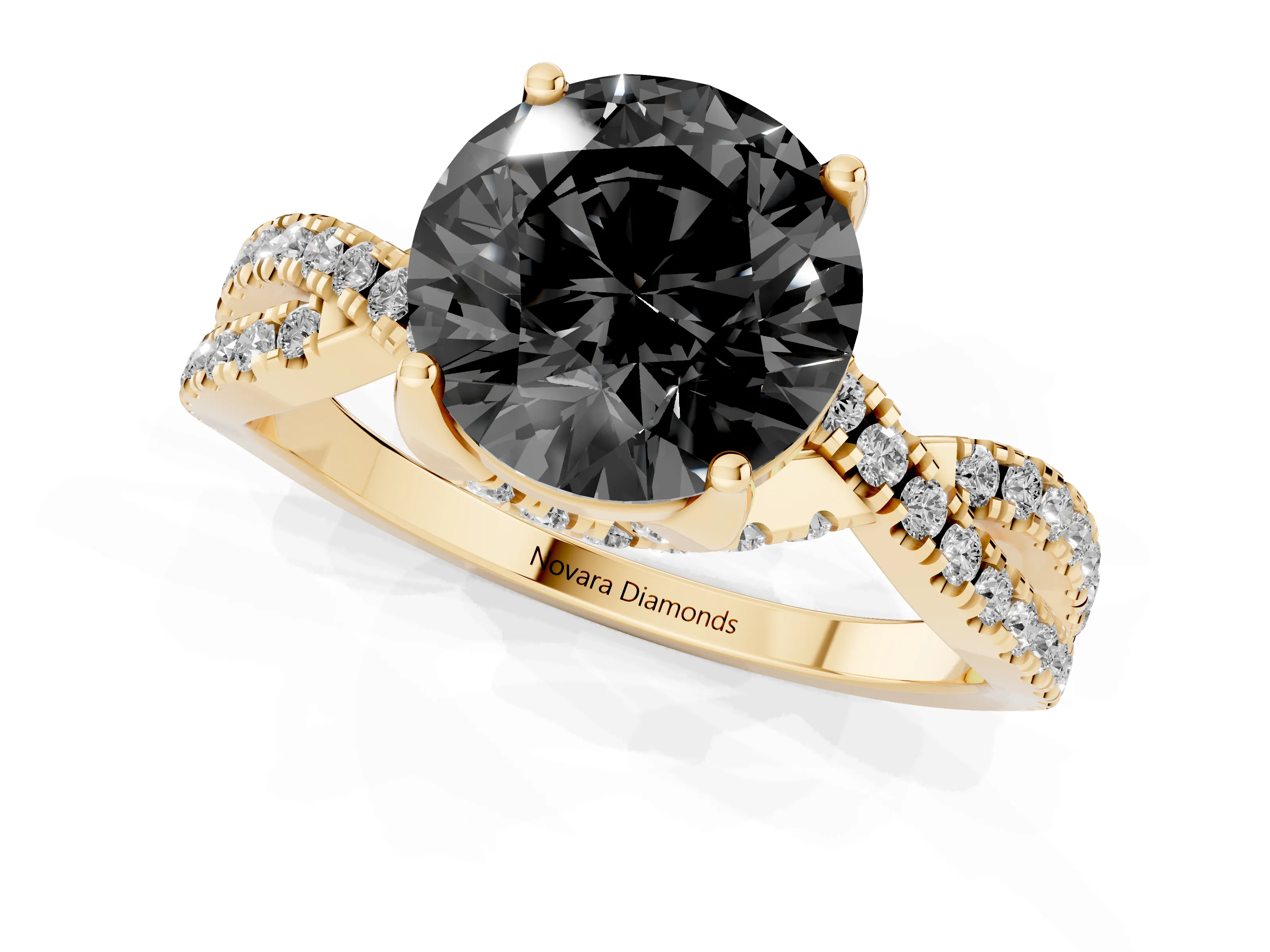 Fancy Black Round Cut Diamond Twist Pavé Solitaire Engagement Ring Set in Yellow gold with Prong Setting