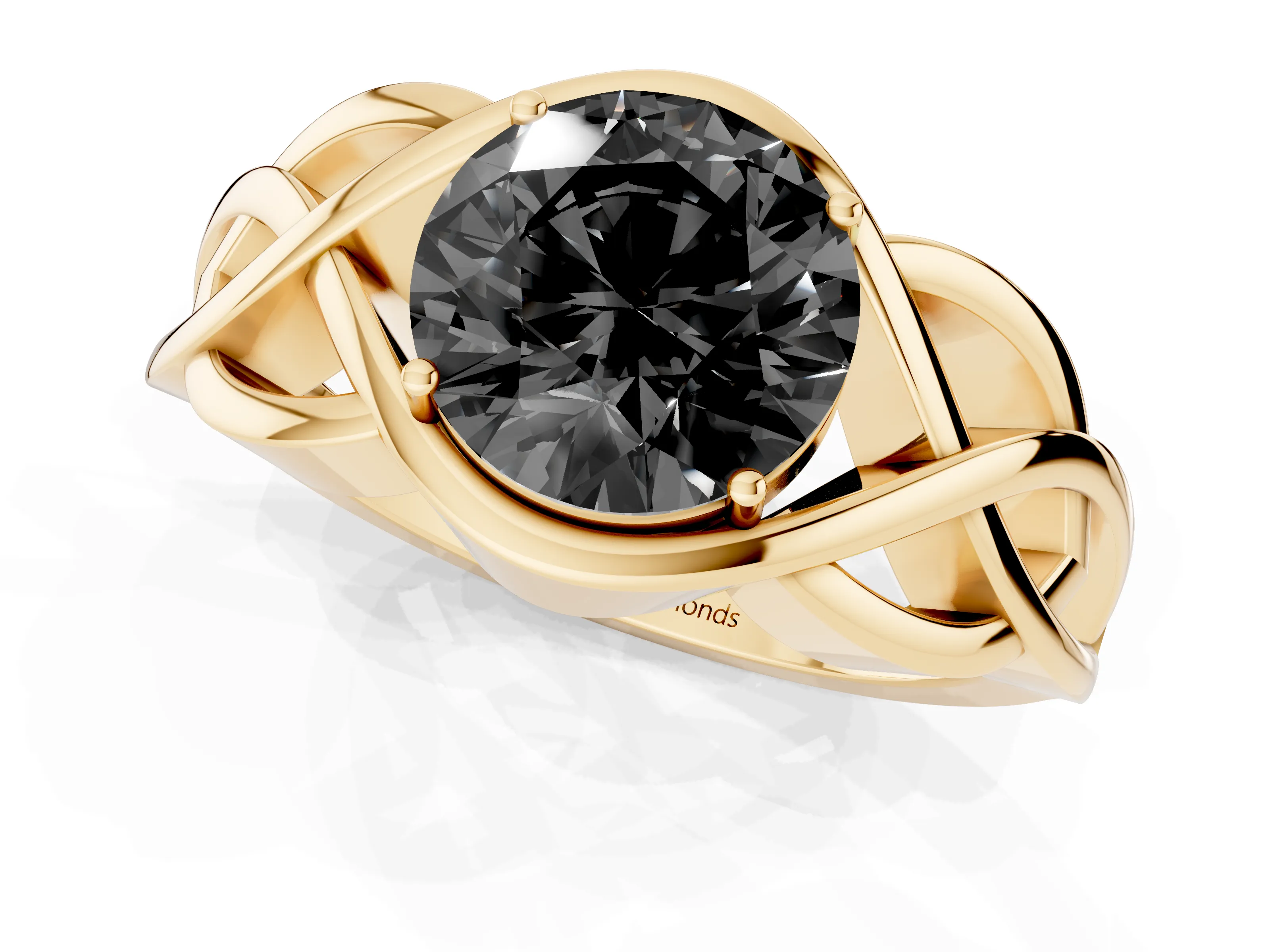 Fancy Black Round Cut Diamond Solitaire Ring Set in Yellow gold with Intertwined Band