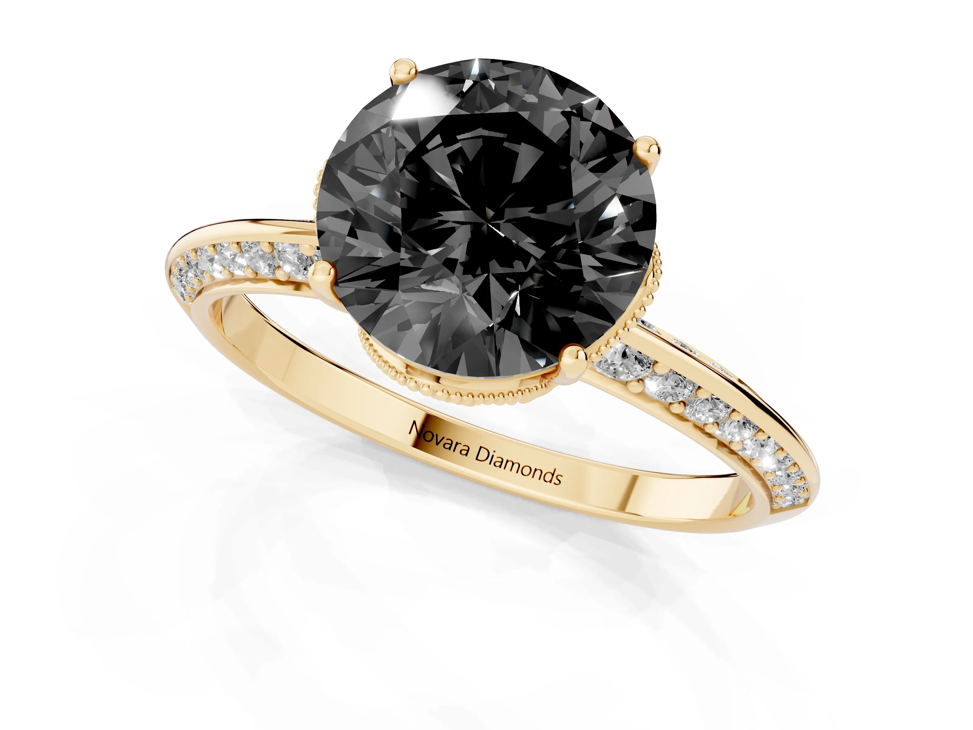 Fancy Black Round Cut Diamond Solitaire Engagement Ring Set in Yellow gold with Pavé Split Shank and Prong Setting