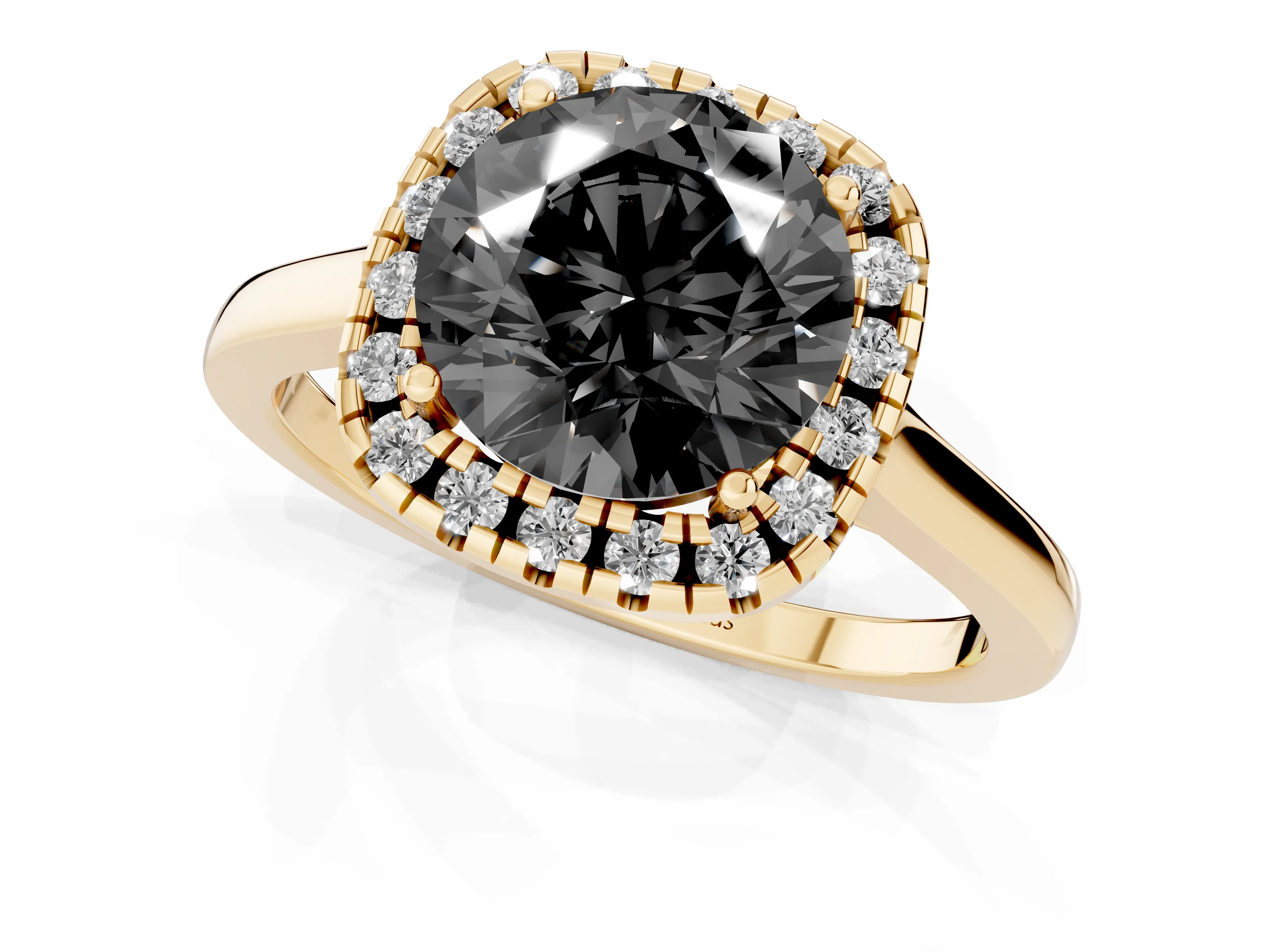 Fancy Black Round Cut Halo Round Diamond Solitaire Ring Set in Yellow gold with Pavé Band and Prong Setting