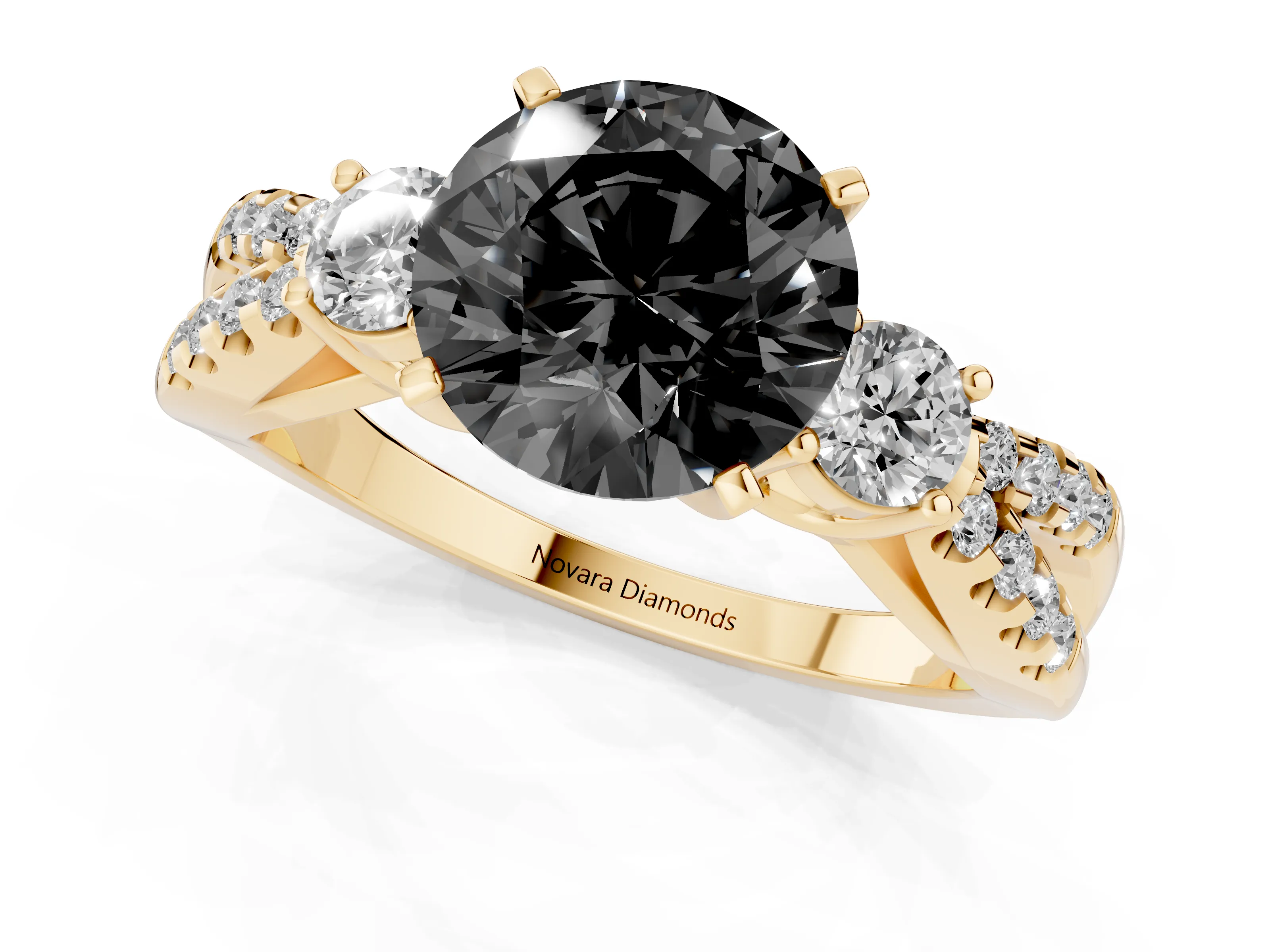 Fancy Black Round Cut Diamond Three-Stone Ring Set in Yellow gold with Pavé Split Shank and Prong Setting