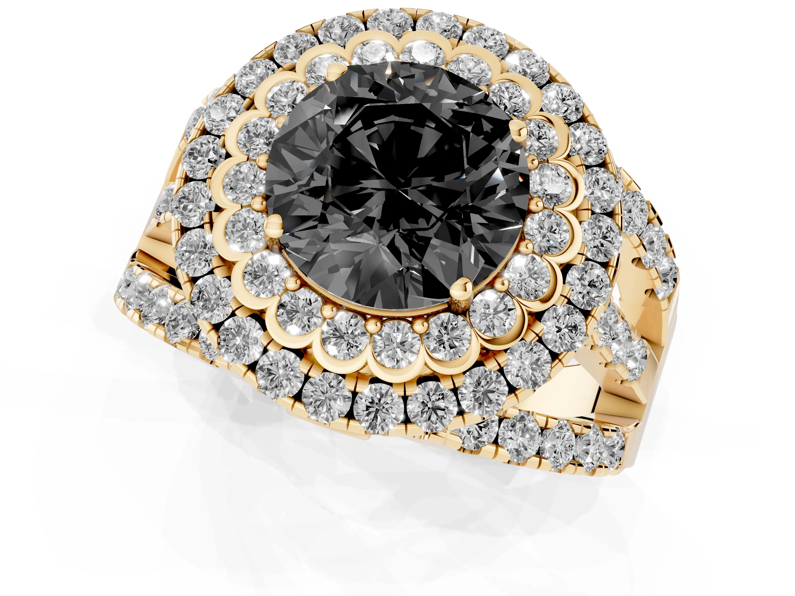 Fancy Black Round Cut Diamond Double Halo Ring Set in Yellow gold with Round Pavé Split Shank