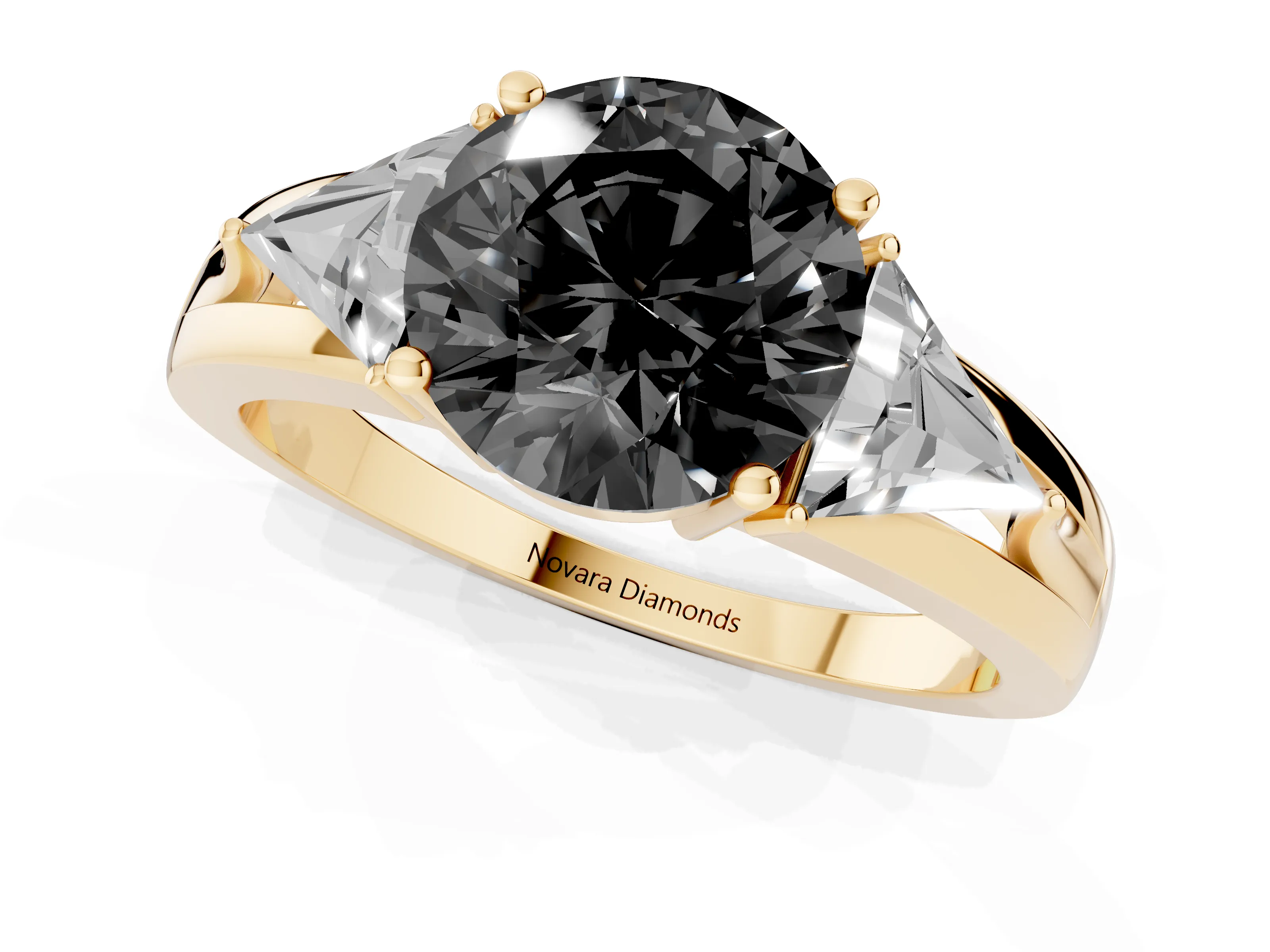 Fancy Black Round Cut Diamond Three-Stone Ring Set in Yellow gold with Trillion Side Stones and Split Shank