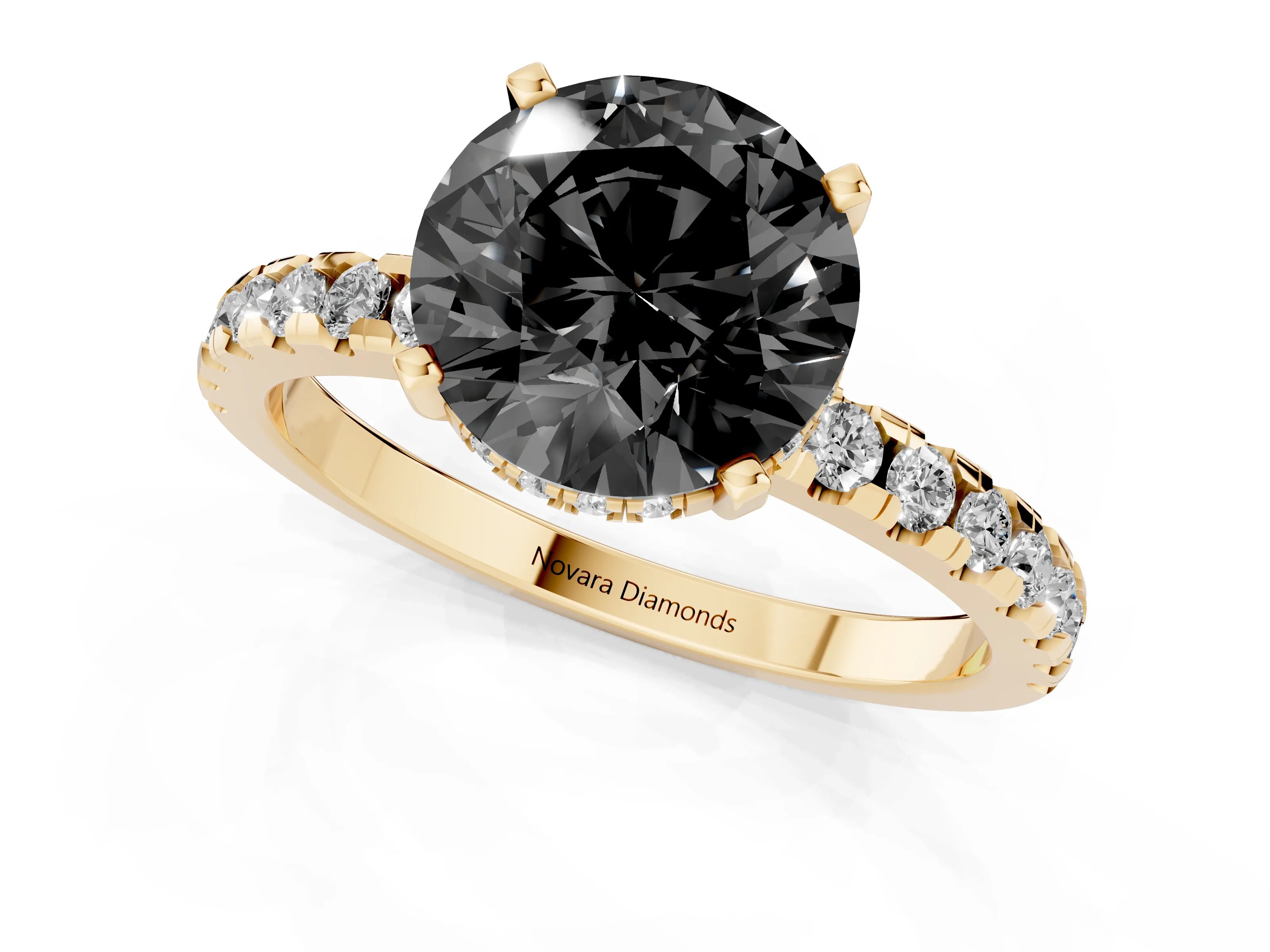 Fancy Black Round Cut Diamond Pavé Solitaire Ring Set in Yellow gold with Round Band Accents and Prong Setting