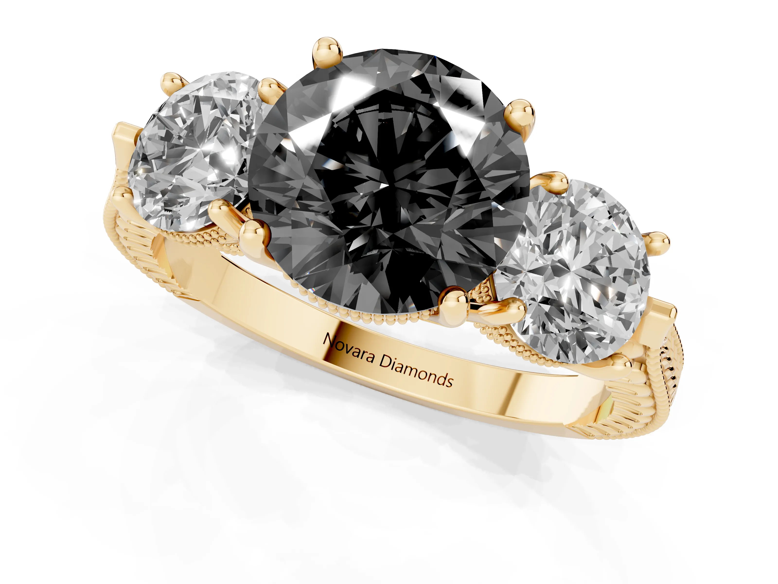 Fancy Black Round Cut Diamond Three-Stone Ring Set in Yellow gold with Milgrain Band
