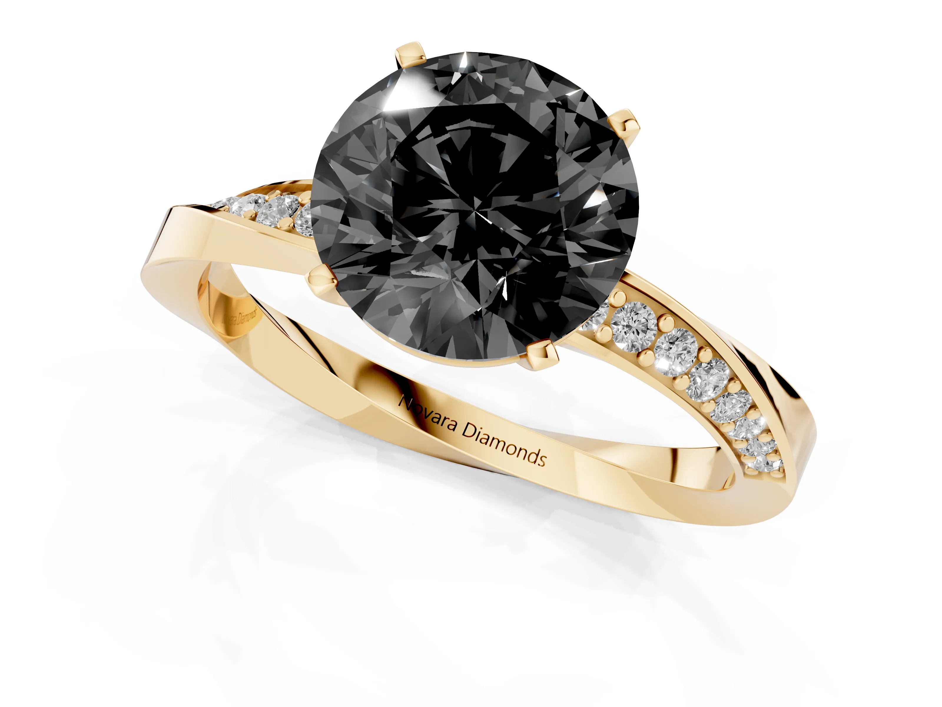 Fancy Black Round Cut Diamond Engagement Ring Set in Yellow gold with Side Stone Accents and Prong Setting
