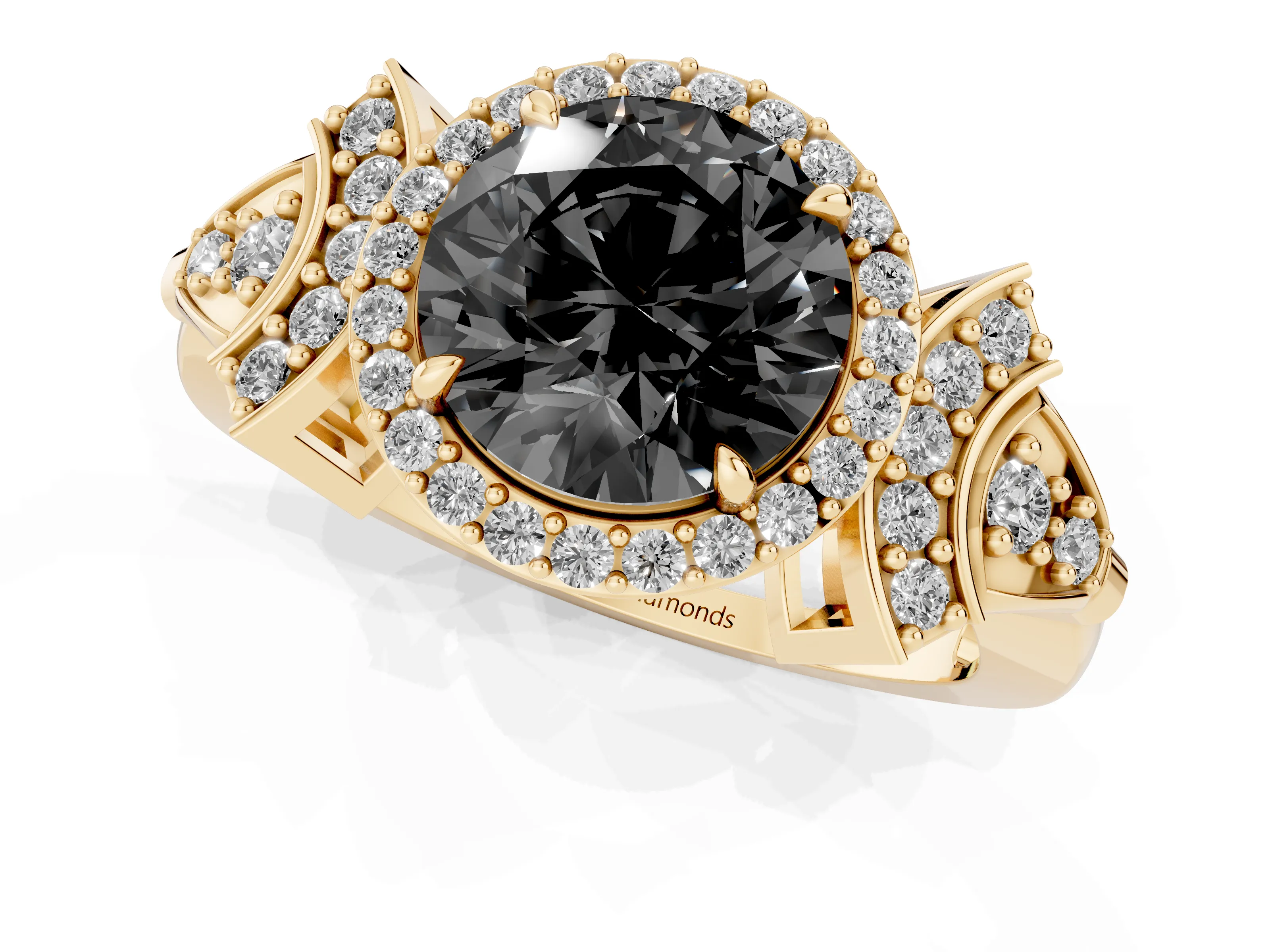 Fancy Black Round Cut Diamond Halo Engagement Ring Set in Yellow gold with Accent Stone Split Shank