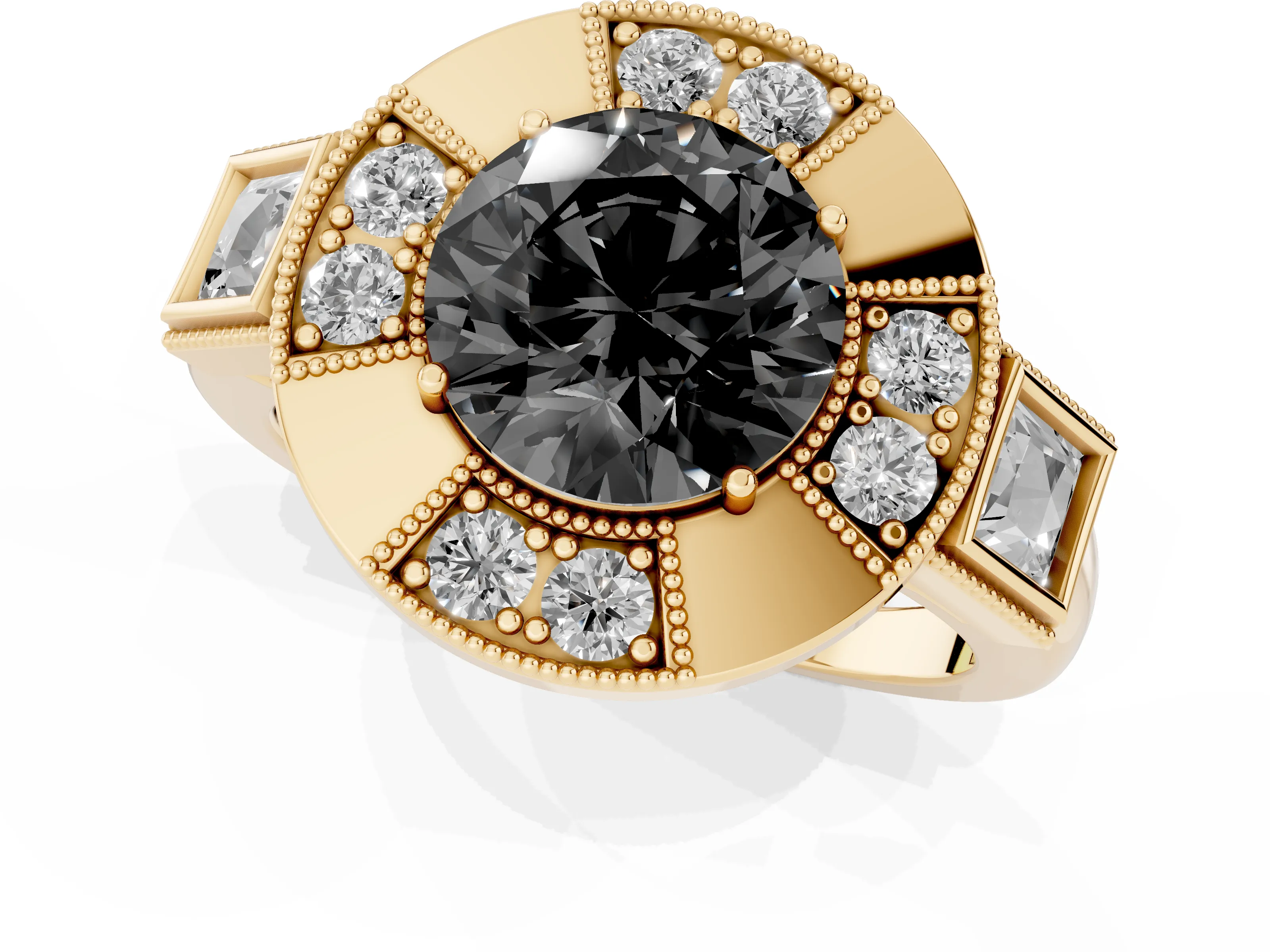 Fancy Black Round Cut Diamond Milgrain Halo Ring Set in Yellow gold with Split Shank