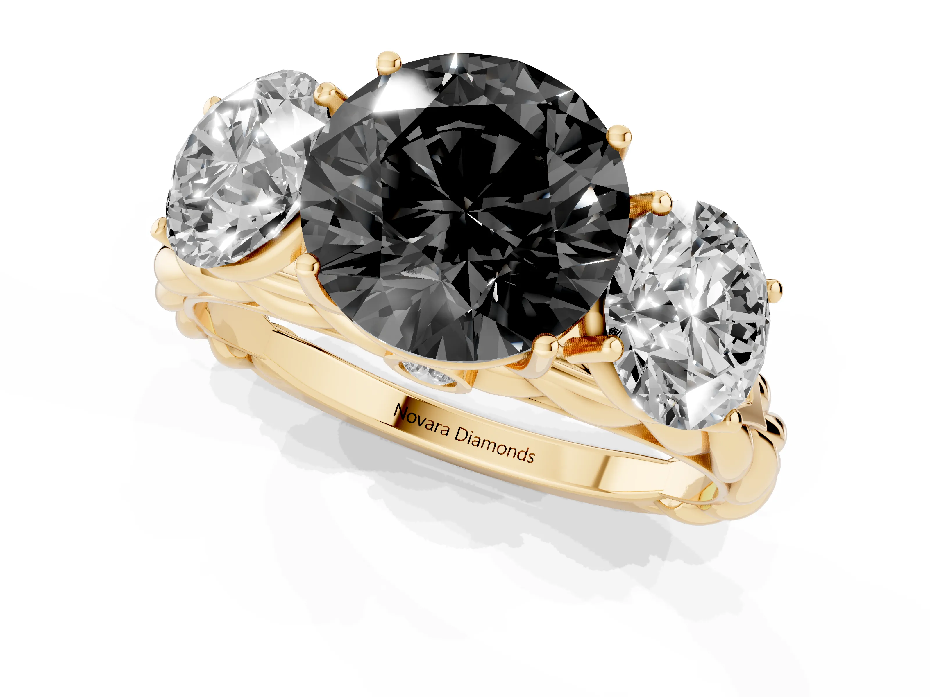 Fancy Black Round Cut Diamond Three-Stone Ring Set in Yellow gold with Braided Band