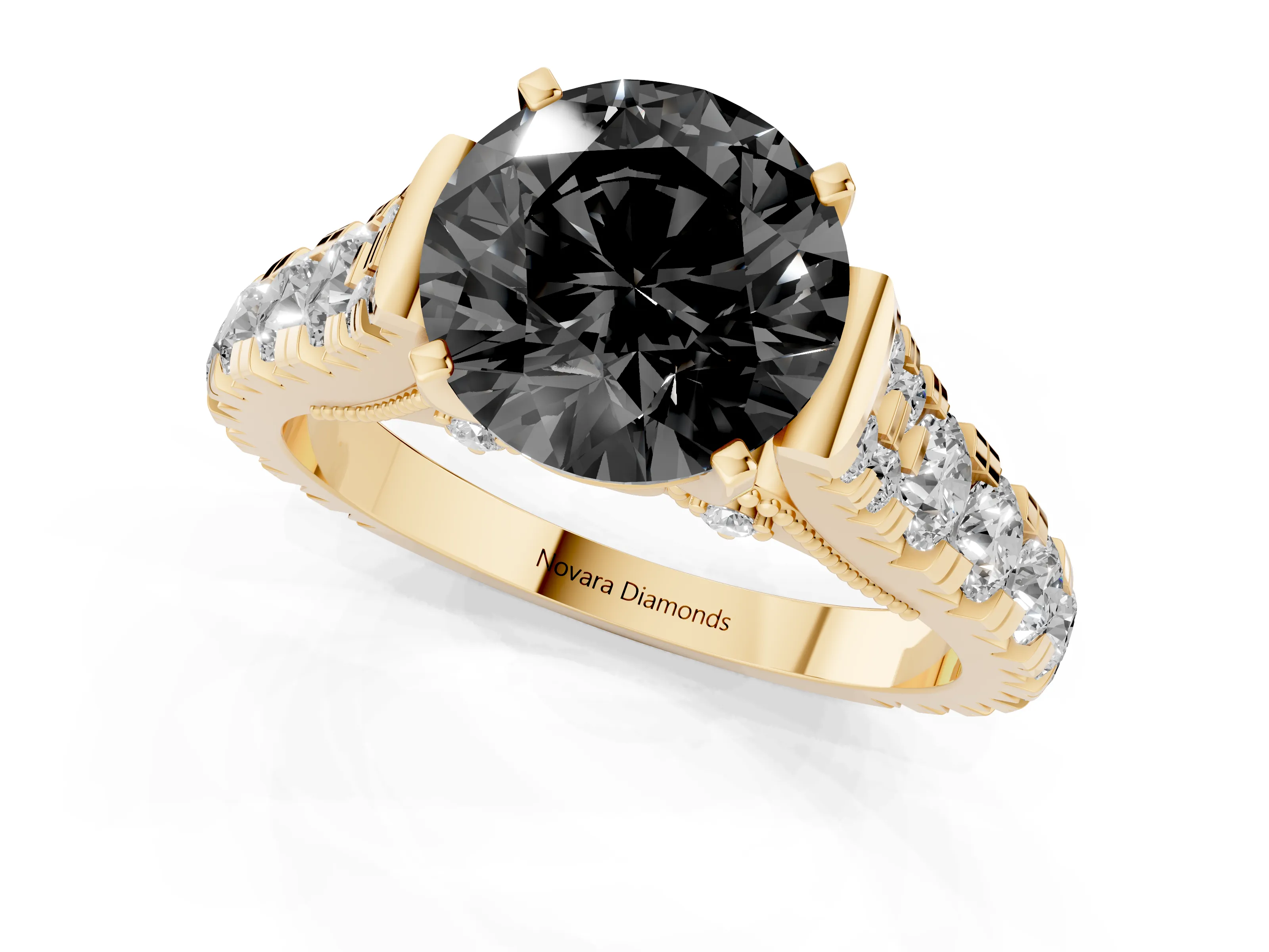 Fancy Black Round Cut Diamond Classic Solitaire Ring Set in Yellow gold with Pavé Band and Prong Setting