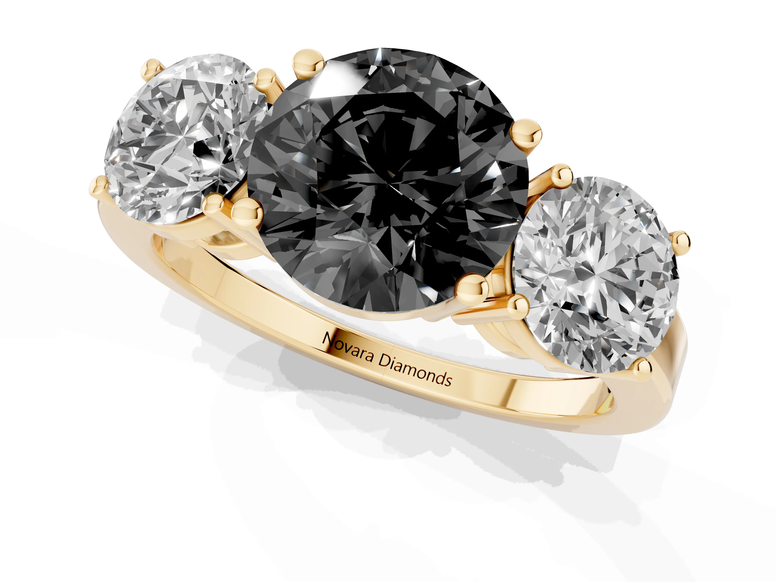 Fancy Black Round Cut Diamond Three-Stone Engagement Ring Set in Yellow gold with Flat Band