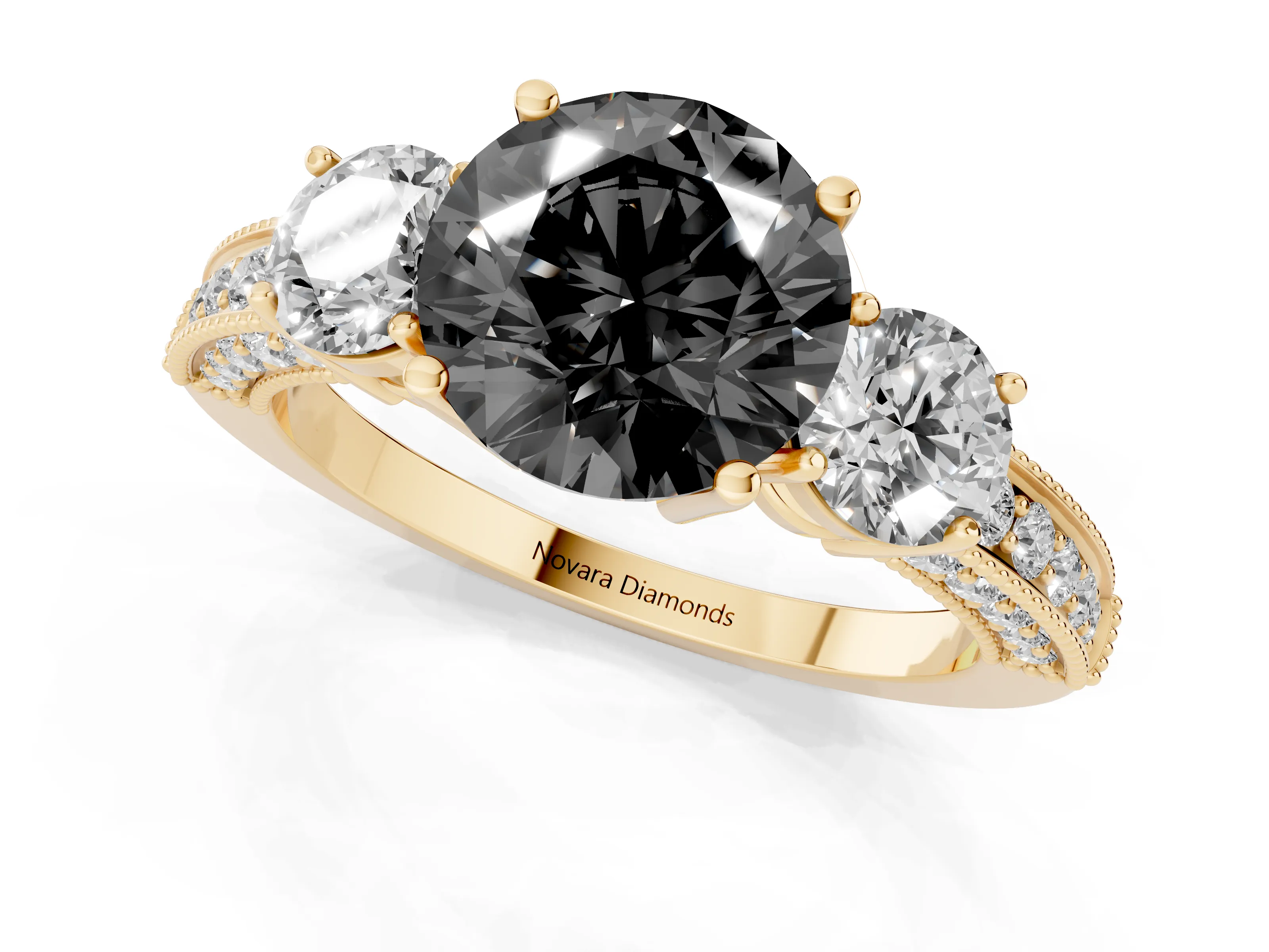 Fancy Black Round Cut Diamond Three-Stone Ring Set in Yellow gold with Round Side Stones and Pavé Band