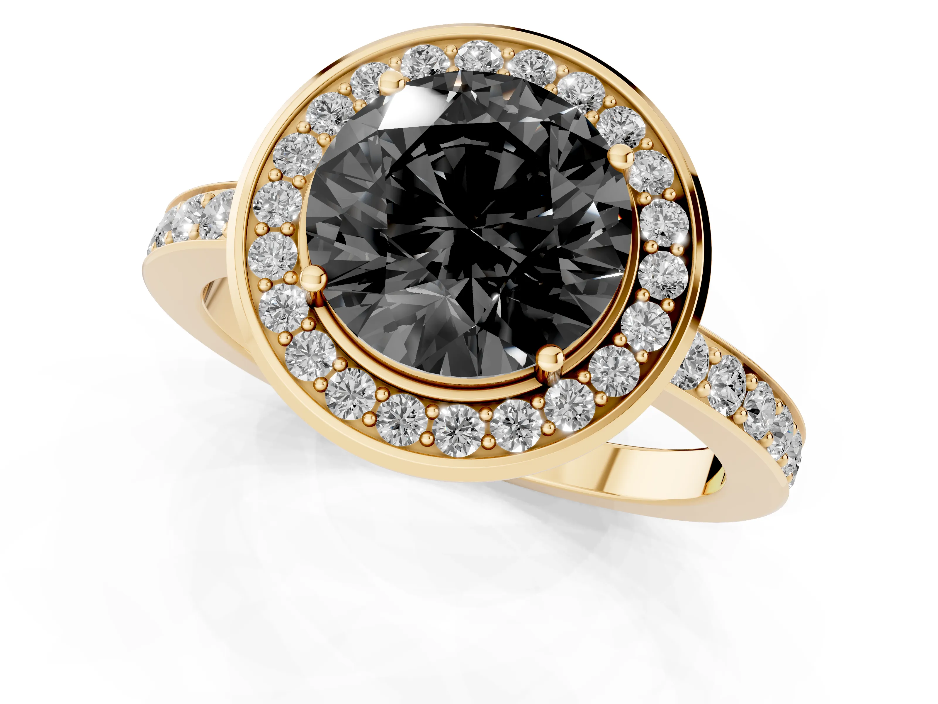 Fancy Black Round Cut Diamond Halo Ring Set in Yellow gold with Bezel Frame and Pavé Band