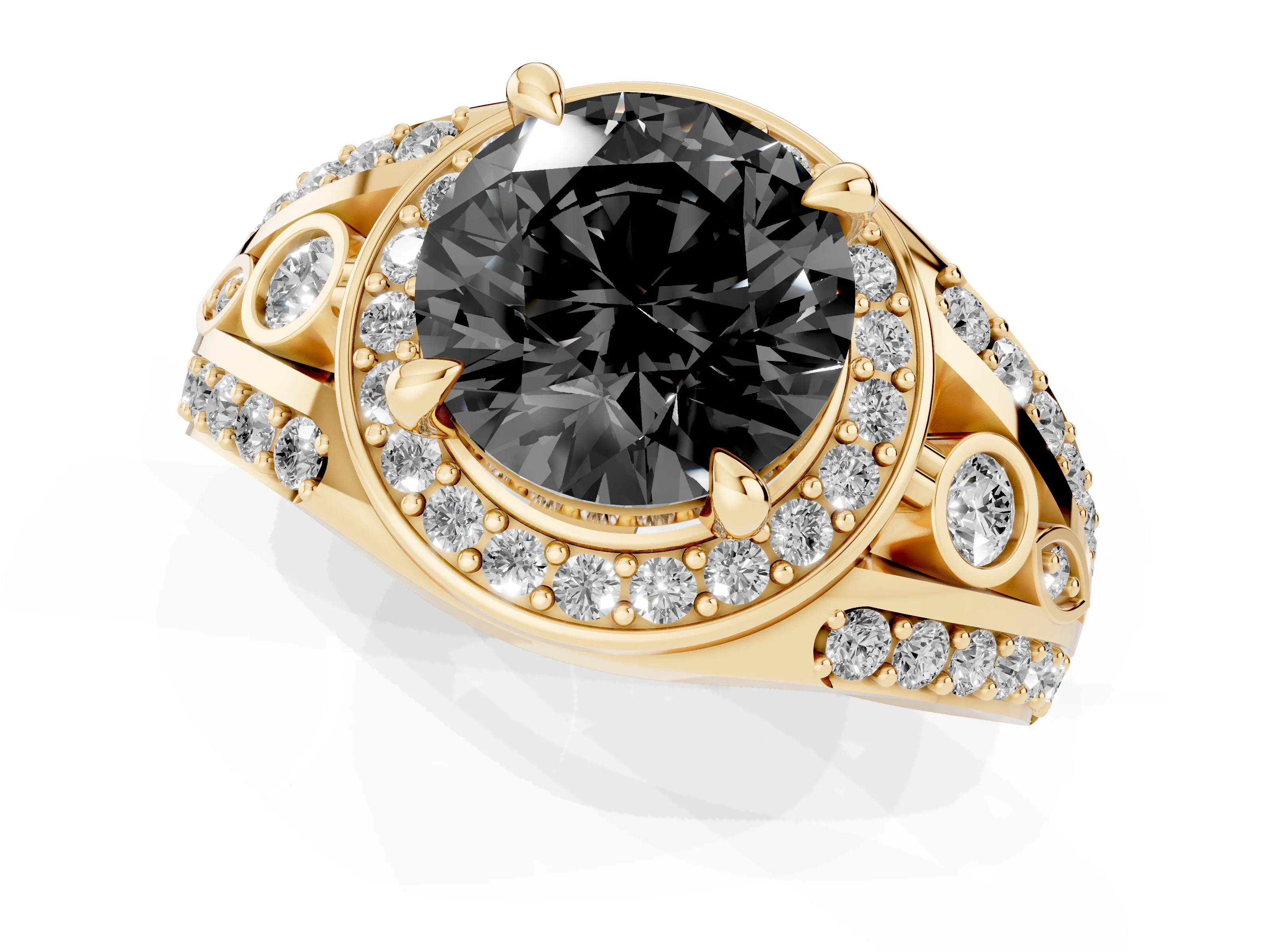 Fancy Black Round Cut Diamond Halo Ring Set in Yellow gold with Pavé Split Shank and Bezel Accents