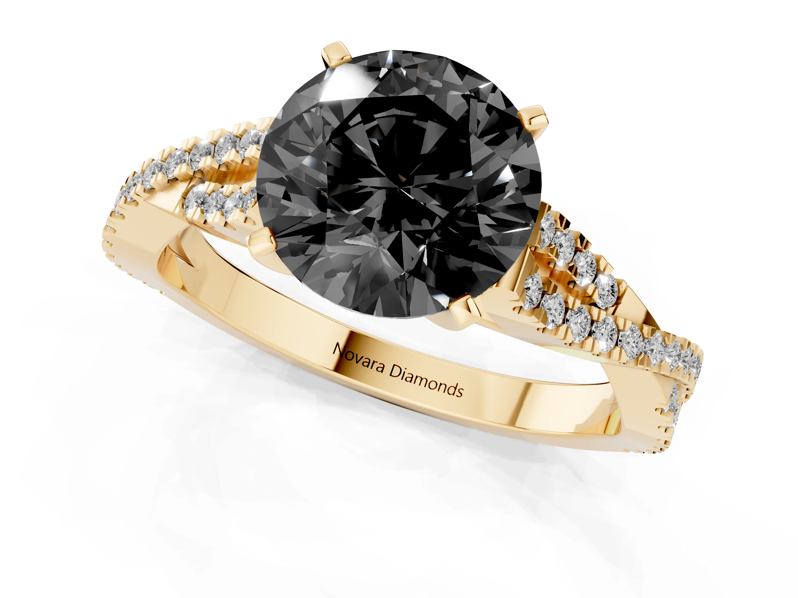Fancy Black Round Cut Diamond Solitaire Engagement Ring Set in Yellow gold with Twisted Pavé Band and Prong Setting