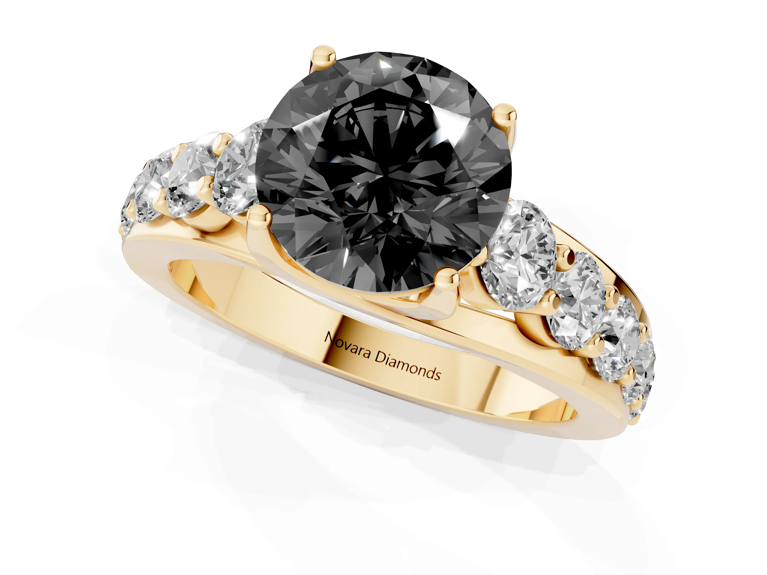 Fancy Black Round Cut Diamond Pavé Engagement Ring Set in Yellow gold with Prong Setting