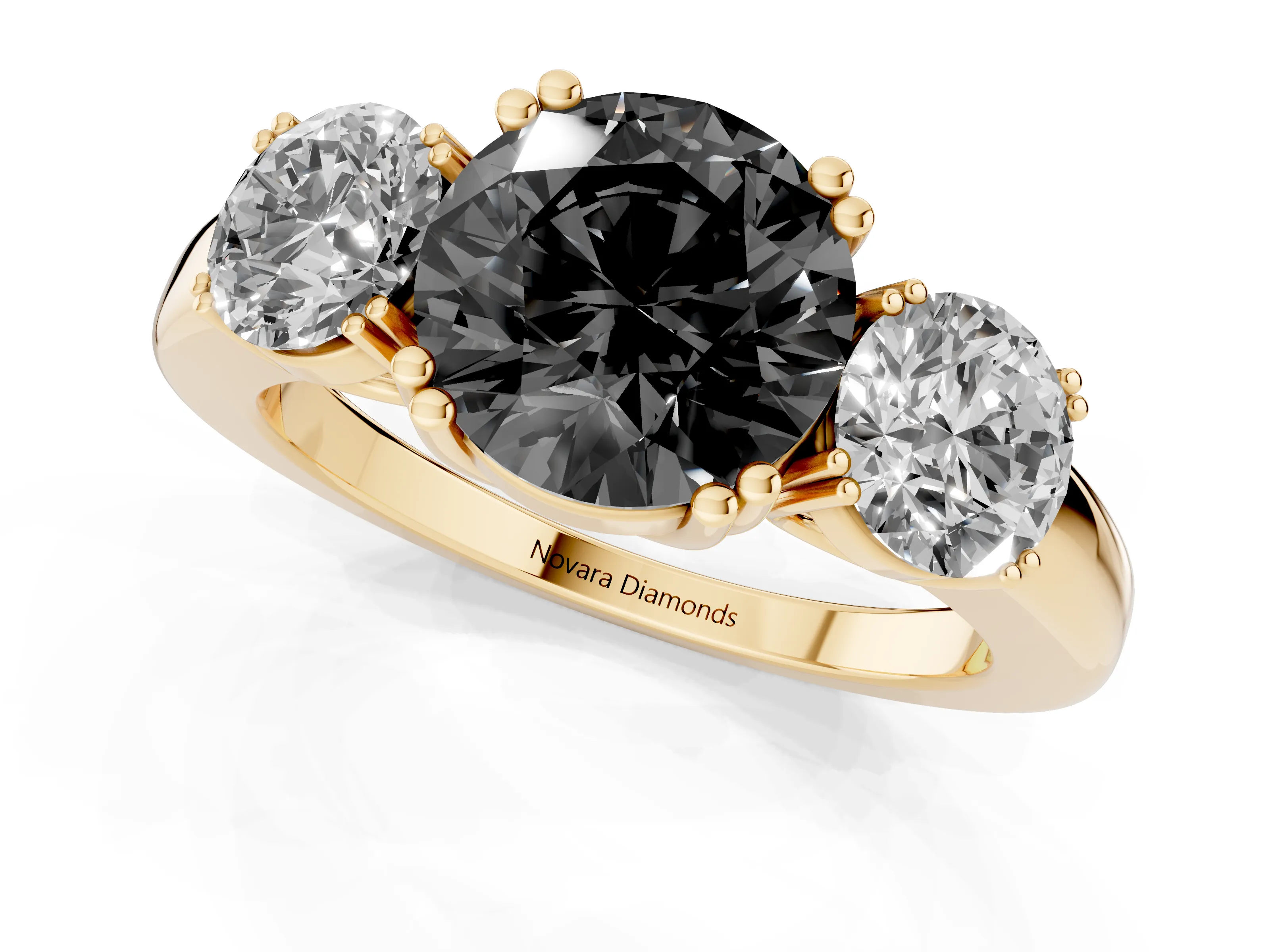 Fancy Black Round Cut Diamond Three-Stone Ring Set in Yellow gold with Polished Channel-Set Band